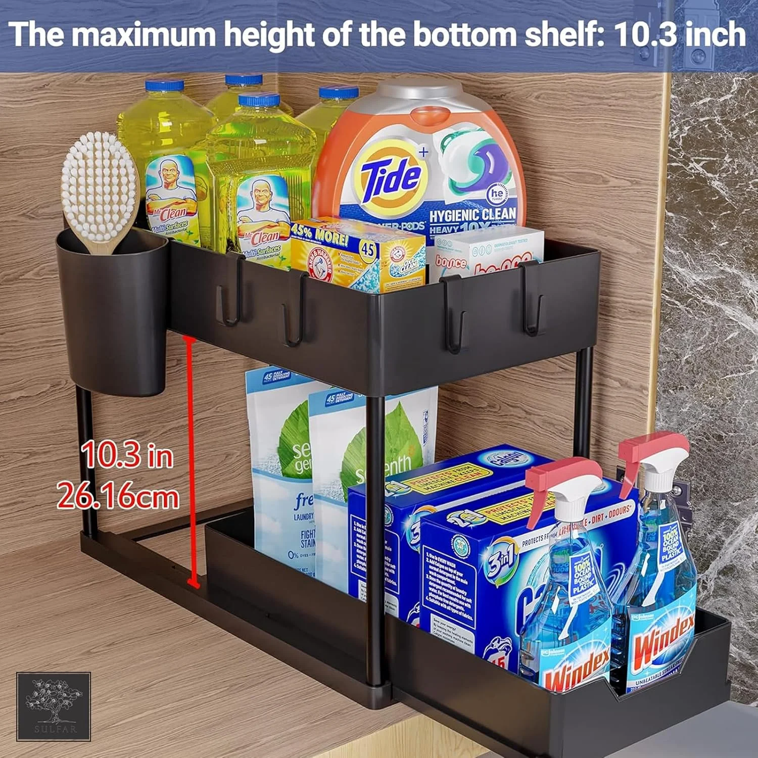 بسته دو عددی سازمان دهنده و محل نگهداری زیر سینک Sulfar با کشو کشویی | سازمان دهنده دو طبقه چند منظوره زیر سینک آشپزخانه | قفسه نگهداری زیر سینک حمام برای روی میز، لباسشویی - مشکی