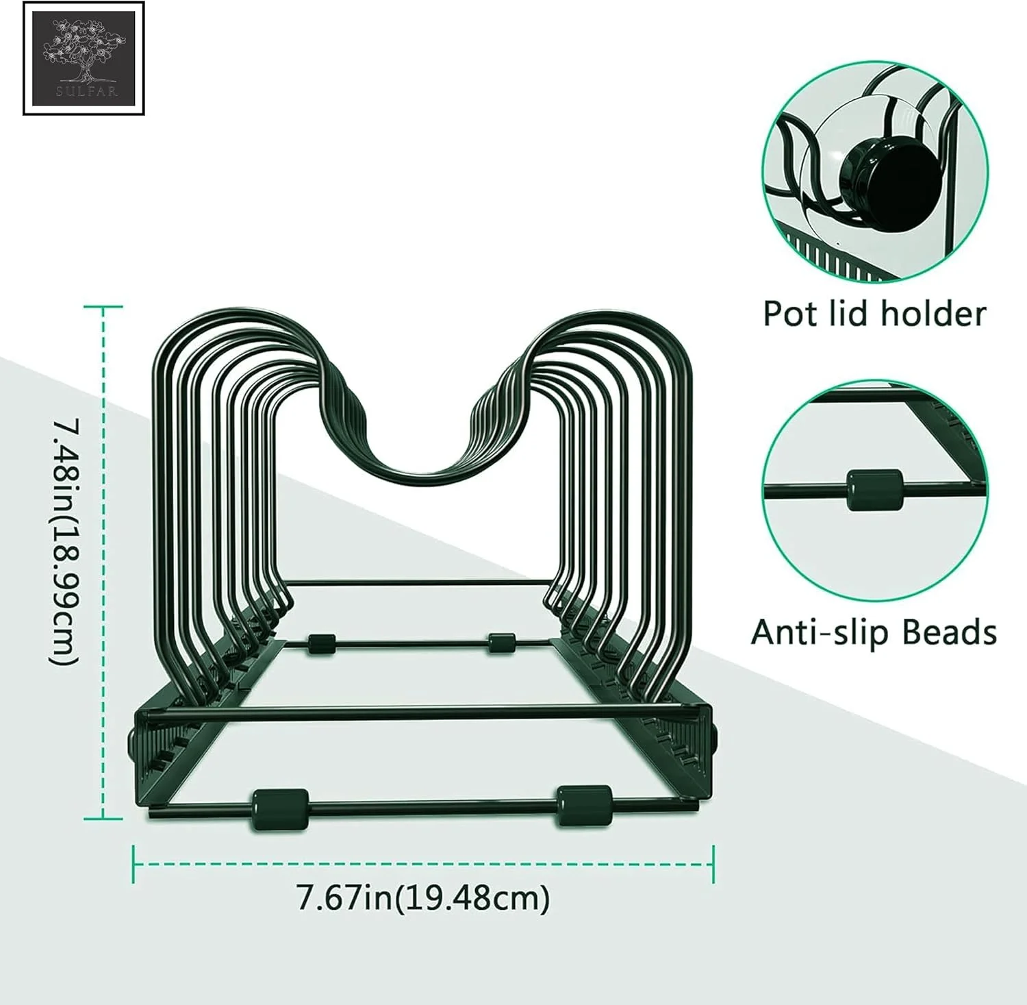 ارگانایزر قابلمه و تابه قابل گسترش Sulfar برای کابینت | قفسه قابل تنظیم با 10 جداکننده | محل نگهداری ظروف پخت و پز، درب قابلمه، ظروف پخت و شیرینی و تابه برای آشپزخانه یا انبار | برنزی | 1 عدد