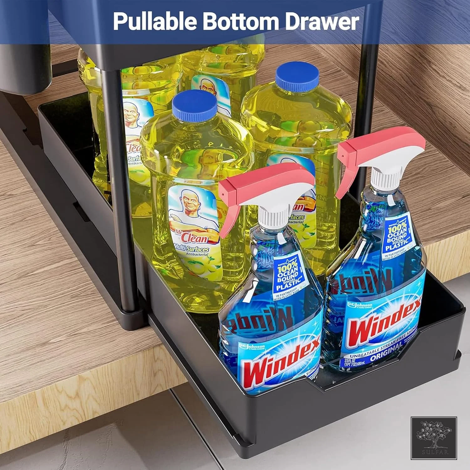 بسته دو عددی سازمان دهنده و محل نگهداری زیر سینک Sulfar با کشو کشویی | سازمان دهنده دو طبقه چند منظوره زیر سینک آشپزخانه | قفسه نگهداری زیر سینک حمام برای روی میز، لباسشویی - مشکی