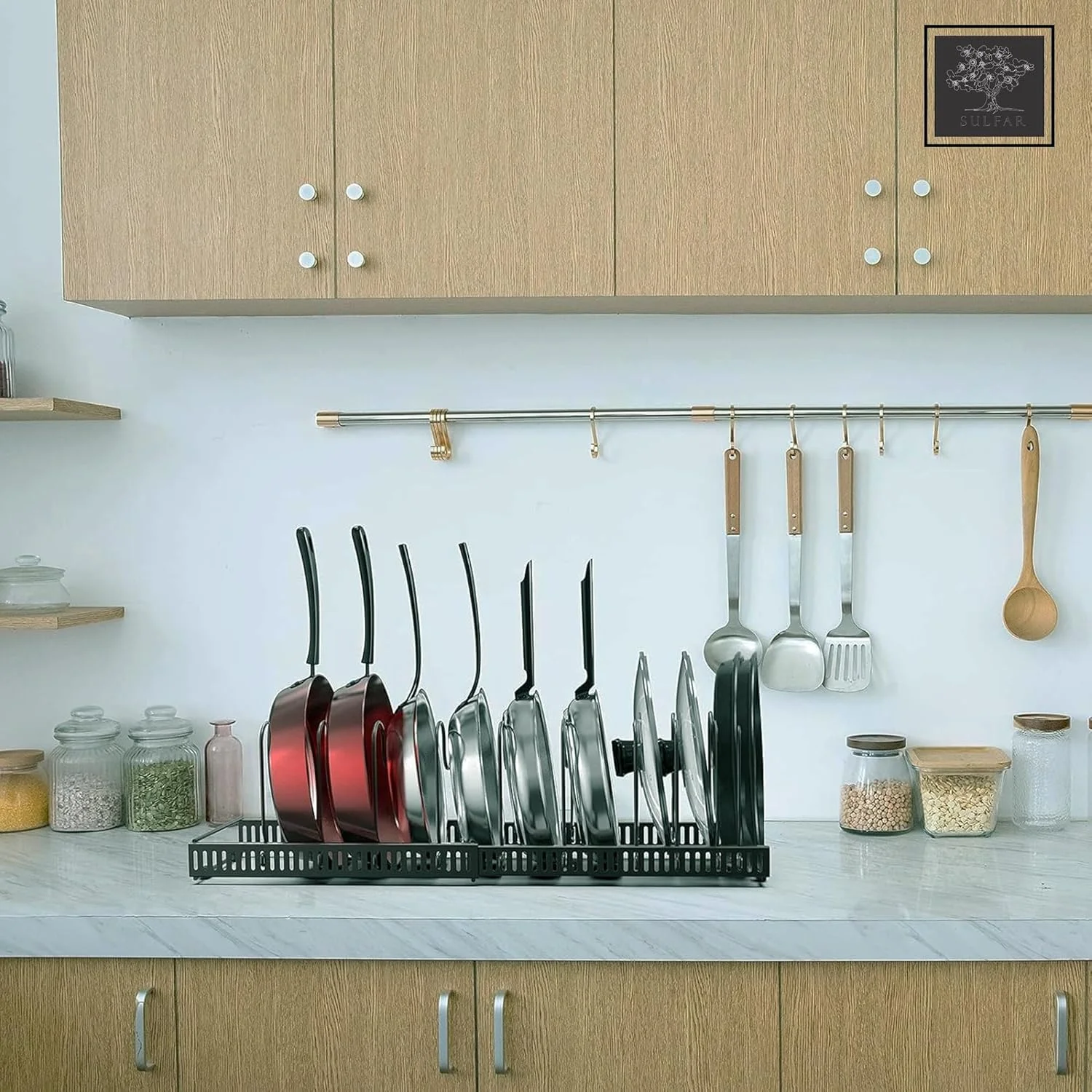 ارگانایزر قابلمه و تابه قابل گسترش Sulfar برای کابینت | قفسه قابل تنظیم با 10 جداکننده | محل نگهداری ظروف پخت و پز، درب قابلمه، ظروف پخت و شیرینی و تابه برای آشپزخانه یا انبار | برنزی | 1 عدد