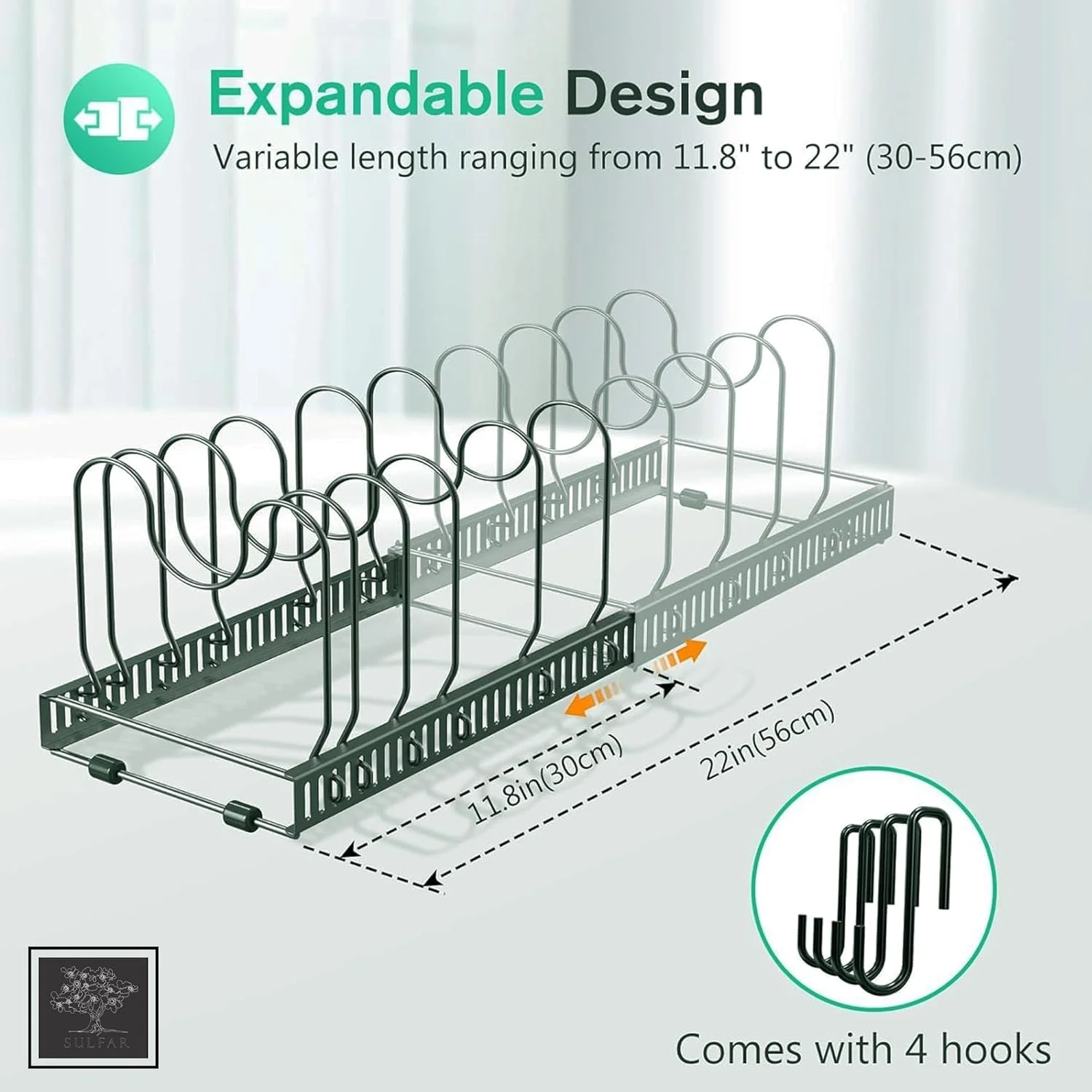 ارگانایزر قابلمه و تابه قابل گسترش Sulfar برای کابینت | قفسه قابل تنظیم با 10 جداکننده | محل نگهداری ظروف پخت و پز، درب قابلمه، ظروف پخت و شیرینی و تابه برای آشپزخانه یا انبار | برنزی | 1 عدد