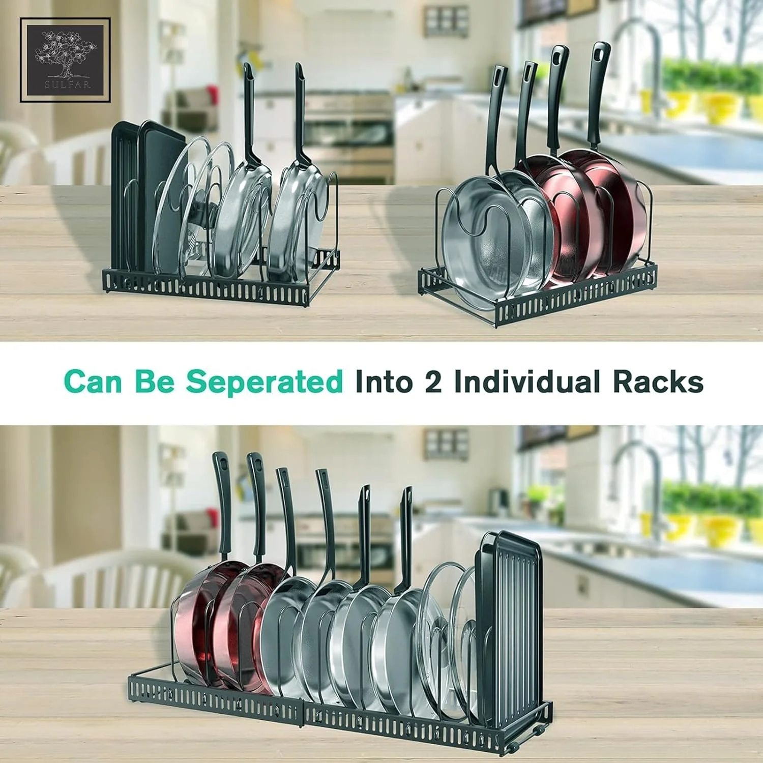 ارگانایزر قابلمه و تابه قابل گسترش Sulfar برای کابینت | قفسه قابل تنظیم با 10 جداکننده | محل نگهداری ظروف پخت و پز، درب قابلمه، ظروف پخت و شیرینی و تابه برای آشپزخانه یا انبار | برنزی | 1 عدد