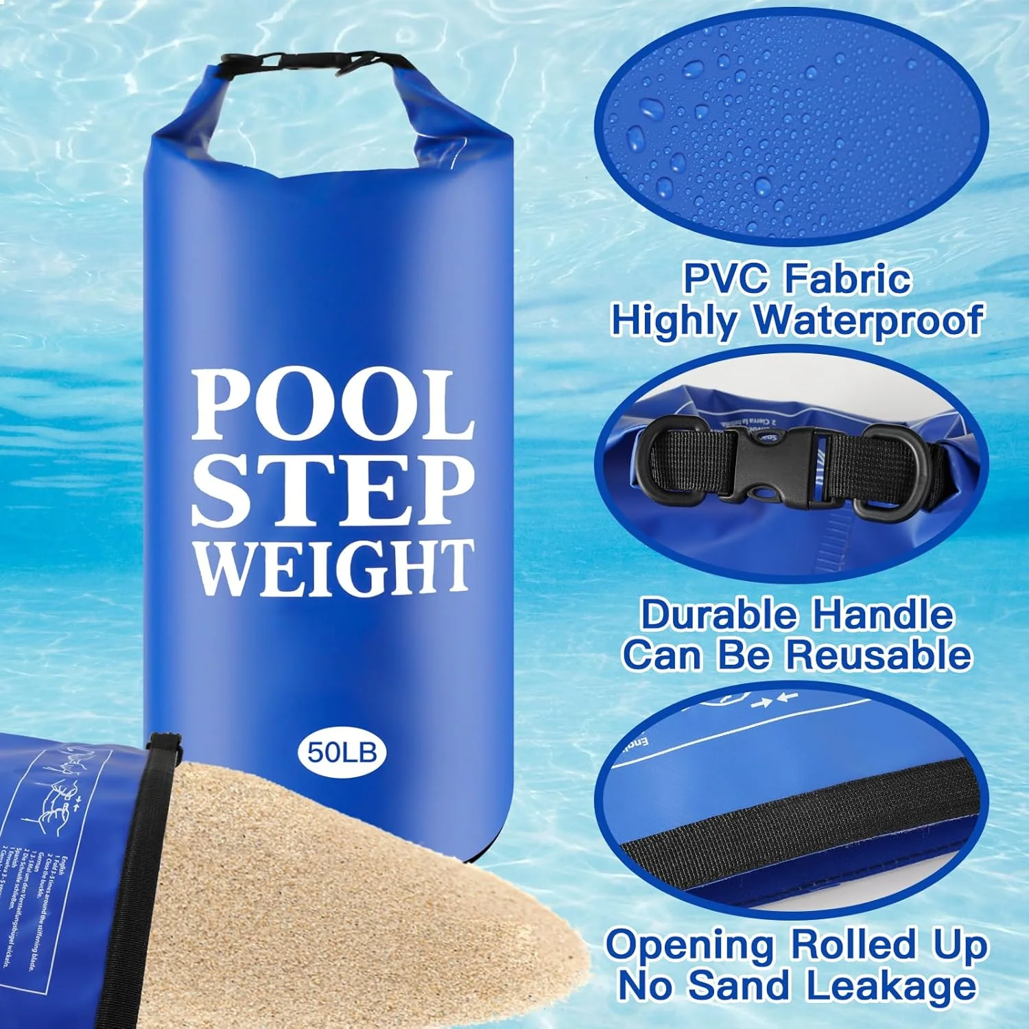 2 عدد وزنه آبی رنگ پله استخر، 50 پوند، کیسه شن وزنه نردبان استخر ضد آب PVC تاشو برای استخرهای داخل زمینی و بالای زمینی