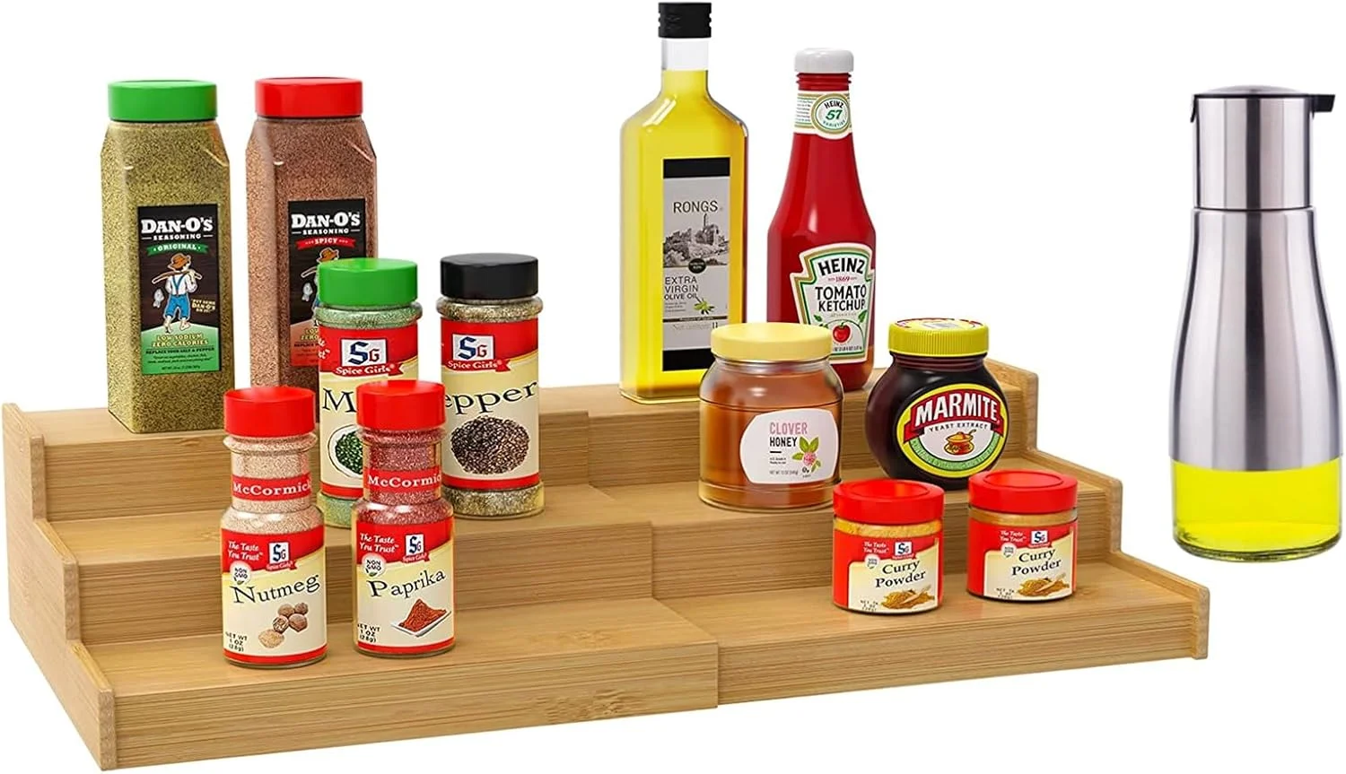 ارگانایزر قفسه ادویه بامبو با بطری پخش کننده روغن، قفسه نمایشگر 3 طبقه بامبو قابل گسترش، ارگانایزر کابینت آشپزخانه برای کابینت انبار یا روی میز ارگانایزر قفسه ادویه بامبو با بطری پخش کننده روغن، قفسه نمایشگر 3 طبقه بامبو قابل گسترش، ارگانایزر کابینت آشپزخانه برای کابینت انبار یا روی میز