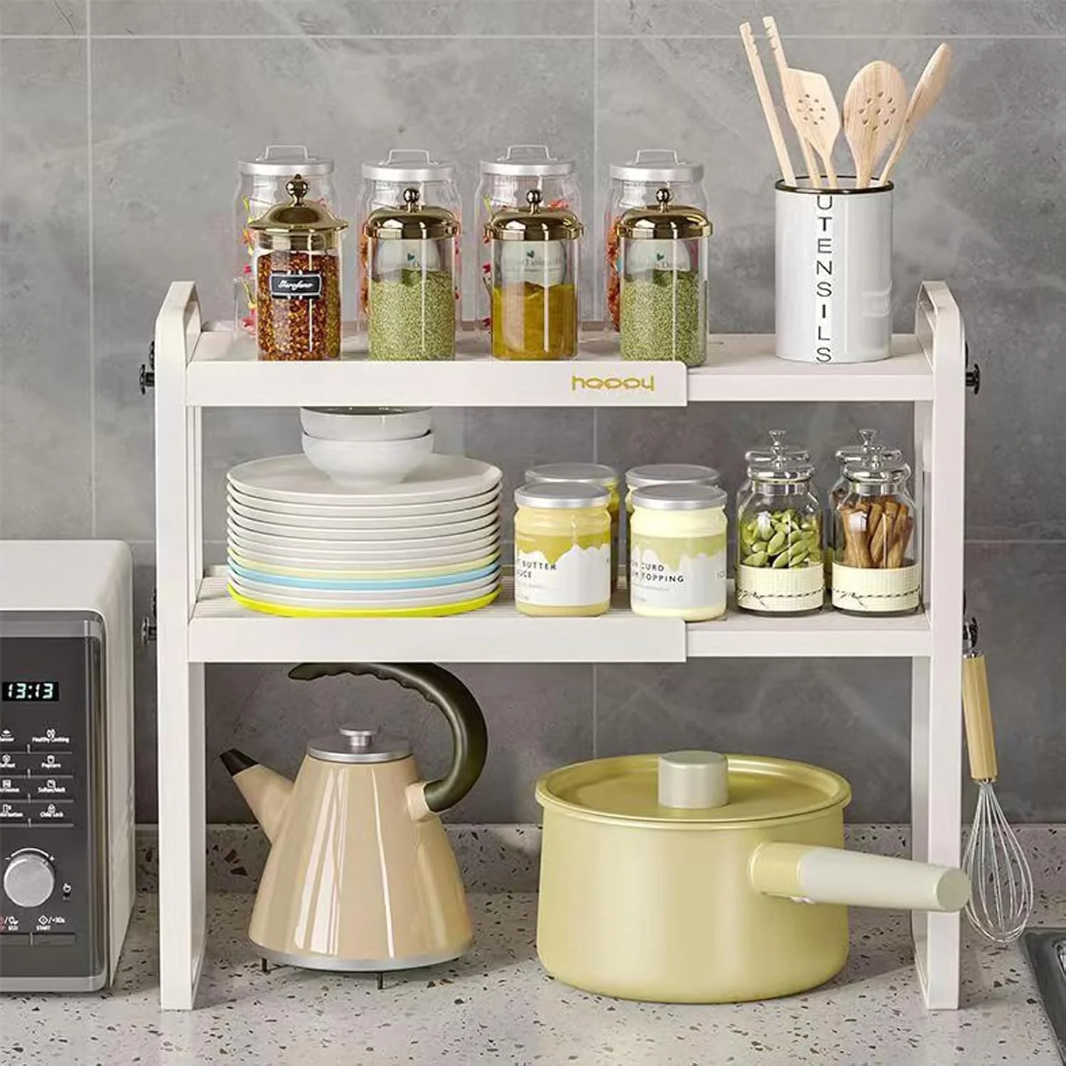 قفسه ارگانایزر رومیزی قابل گسترش U-HOOME، قفسه ارگانایزر رومیزی آشپزخانه 2 طبقه، قفسه های ذخیره سازی کابینت، سازمان دهنده و ذخیره سازی قفسه ادویه جات برای آشپزخانه حمام، صرفه جویی در فضا (سفید)