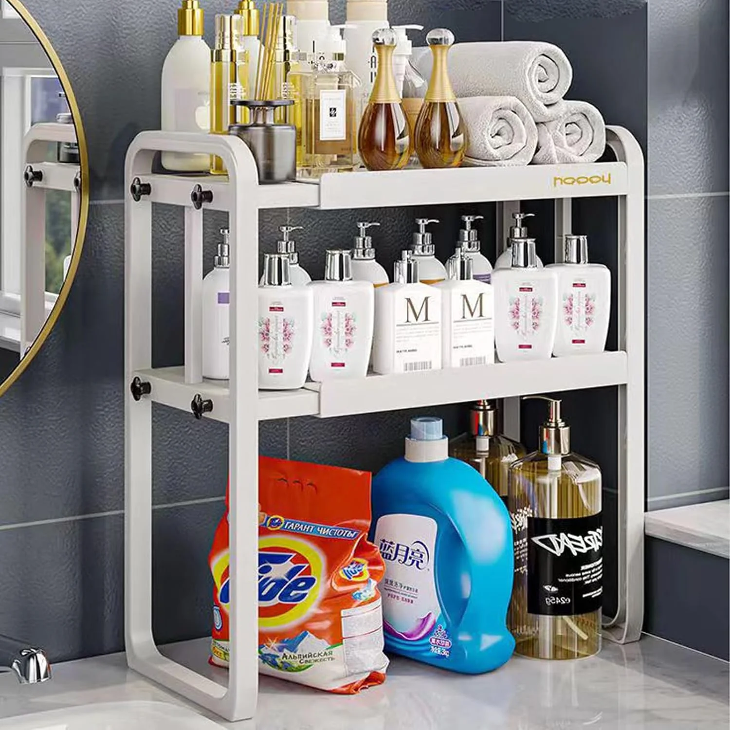 قفسه ارگانایزر رومیزی قابل گسترش U-HOOME، قفسه ارگانایزر رومیزی آشپزخانه 2 طبقه، قفسه های ذخیره سازی کابینت، سازمان دهنده و ذخیره سازی قفسه ادویه جات برای آشپزخانه حمام، صرفه جویی در فضا (سفید)