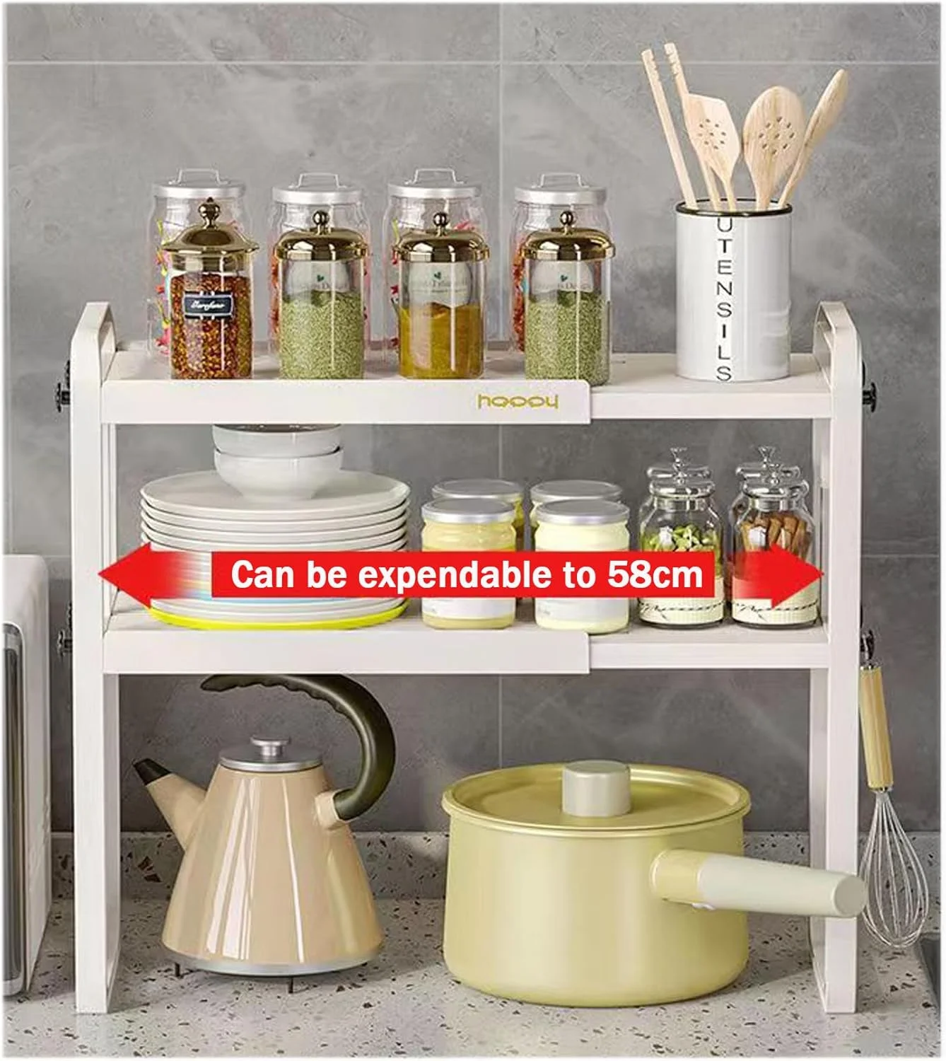 قفسه ارگانایزر رومیزی قابل گسترش U-HOOME، قفسه ارگانایزر رومیزی آشپزخانه 2 طبقه، قفسه های ذخیره سازی کابینت، سازمان دهنده و ذخیره سازی قفسه ادویه جات برای آشپزخانه حمام، صرفه جویی در فضا (سفید)