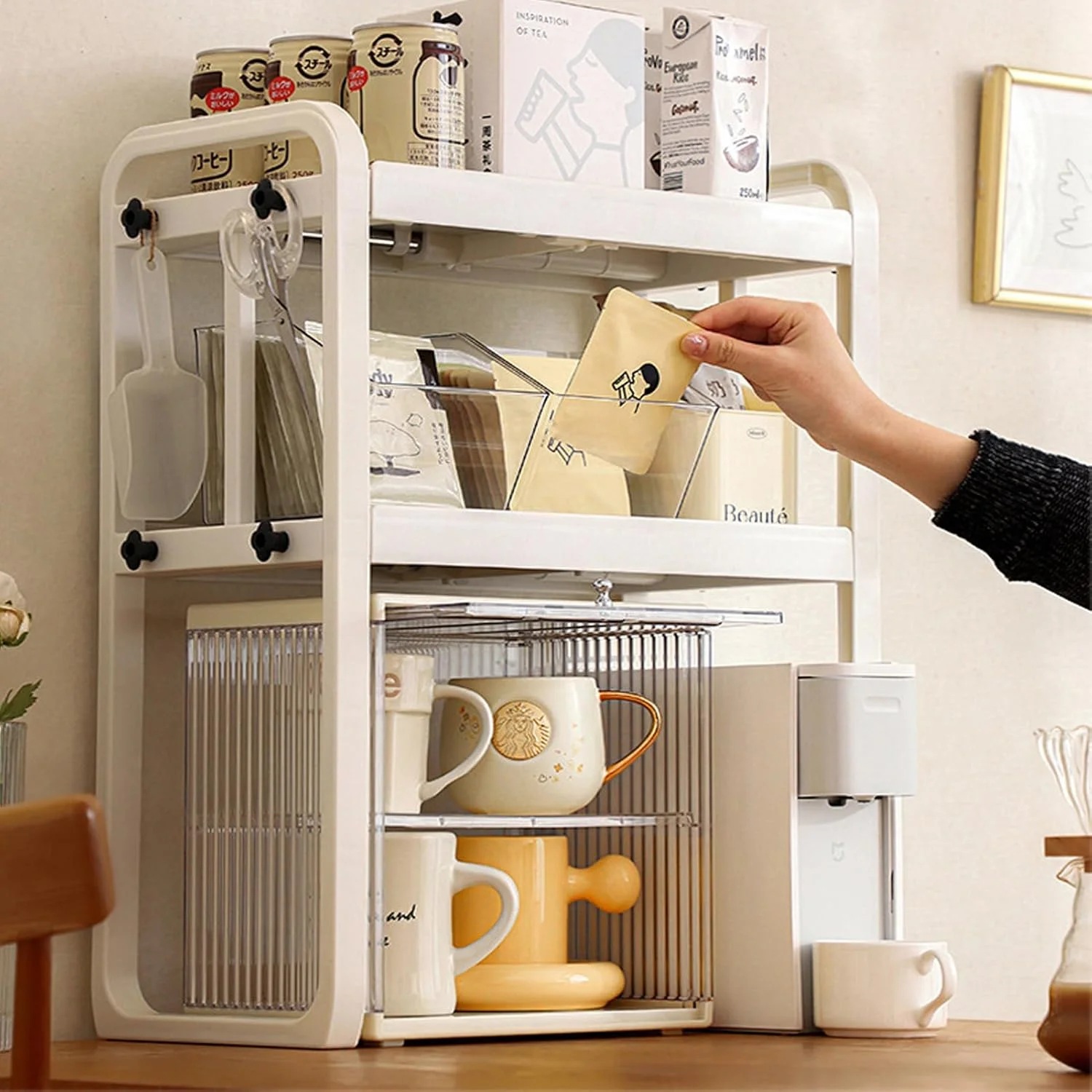 قفسه ارگانایزر رومیزی قابل گسترش U-HOOME، قفسه ارگانایزر رومیزی آشپزخانه 2 طبقه، قفسه های ذخیره سازی کابینت، سازمان دهنده و ذخیره سازی قفسه ادویه جات برای آشپزخانه حمام، صرفه جویی در فضا (سفید)