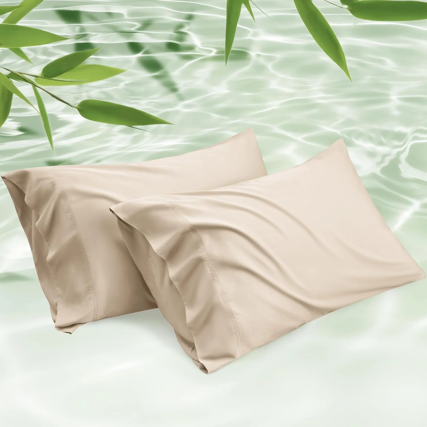 Bedsure Cooling Pillow Cases Queen Size Set of 2, Rayon Derived from Bamboo Queen Pillowcases, Beige Pillow Cases, Breathable & Silky Soft Bedding Pillow Covers with Envelope Closure, 20x30 Inches