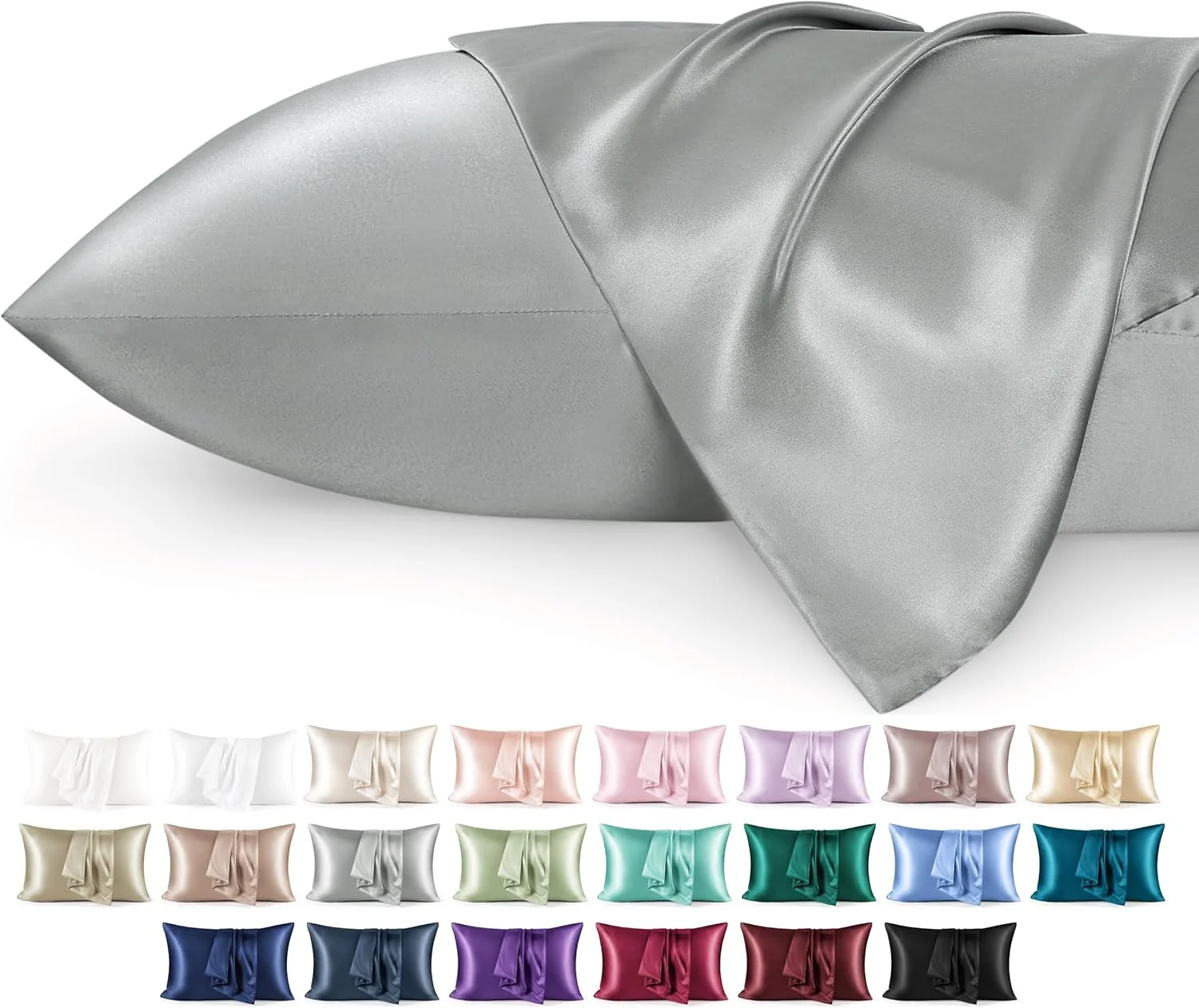 روبالشی ساتن Bedsure برای مو - مشابه روبالشی ابریشمی، روبالشی خنک کننده 2 عددی با بستن پاکتی، هدیه برای خانم ها، سایز استاندارد و کوئین 50x75 سانتی متر، خاکستری