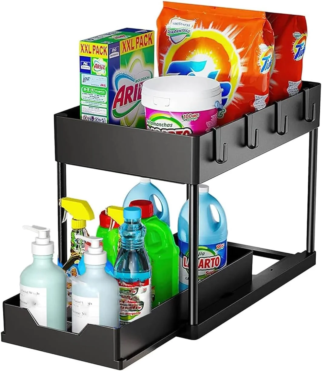 ارگانایزر زیر سینک، ارگانایزر کابینت حمام 2 طبقه با سبد کشویی، ارگانایزر و محل نگهداری چند منظوره زیر سینک برای آشپزخانه حمام (4 قلاب) ارگانایزر زیر سینک، ارگانایزر کابینت حمام 2 طبقه با سبد کشویی، ارگانایزر و محل نگهداری چند منظوره زیر سینک برای آشپزخانه حمام (4 قلاب)