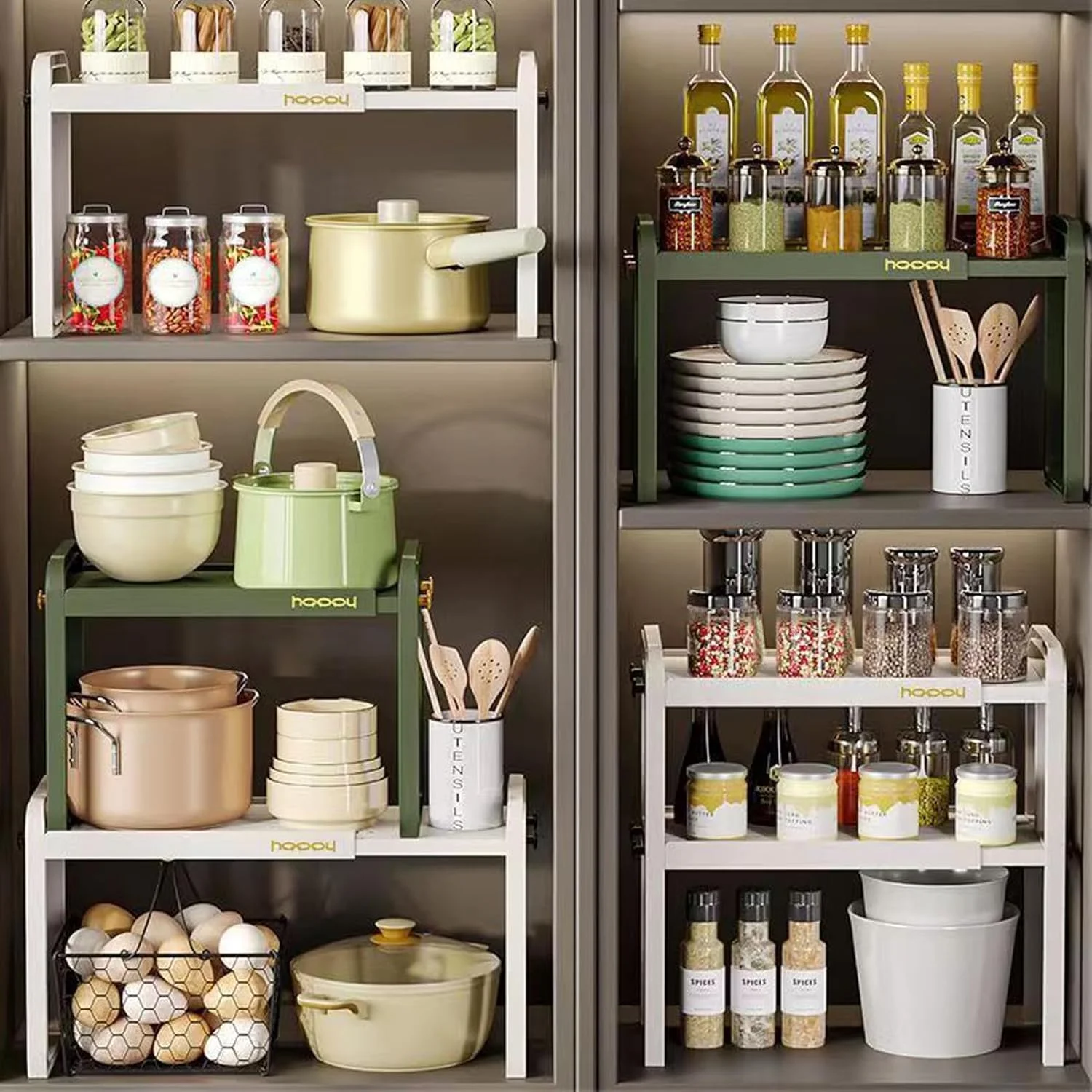 قفسه ارگانایزر رومیزی قابل گسترش U-HOOME، قفسه ارگانایزر رومیزی آشپزخانه 2 طبقه، قفسه های ذخیره سازی کابینت، سازمان دهنده و ذخیره سازی قفسه ادویه جات برای آشپزخانه حمام، صرفه جویی در فضا (سفید)