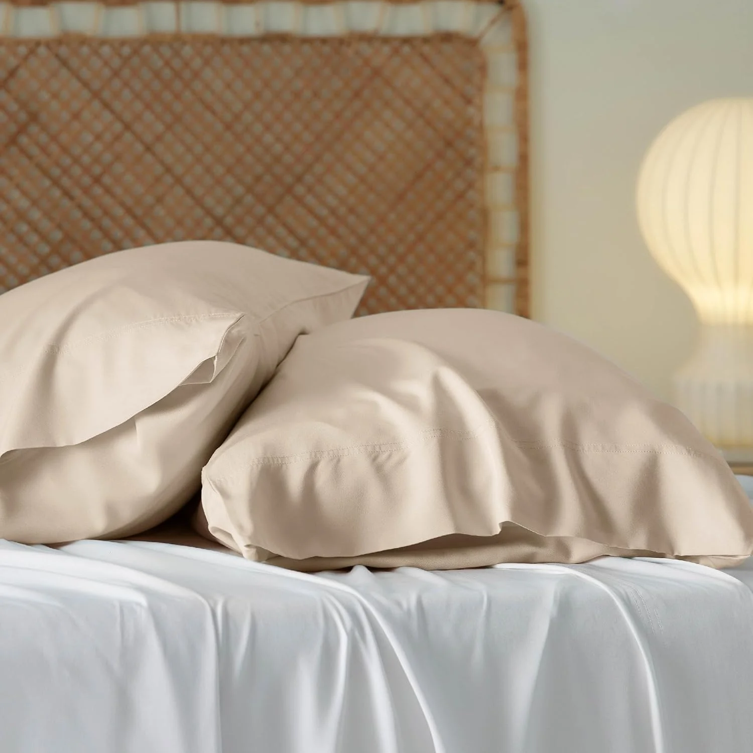 Bedsure Cooling Pillow Cases Queen Size Set of 2, Rayon Derived from Bamboo Queen Pillowcases, Beige Pillow Cases, Breathable & Silky Soft Bedding Pillow Covers with Envelope Closure, 20x30 Inches