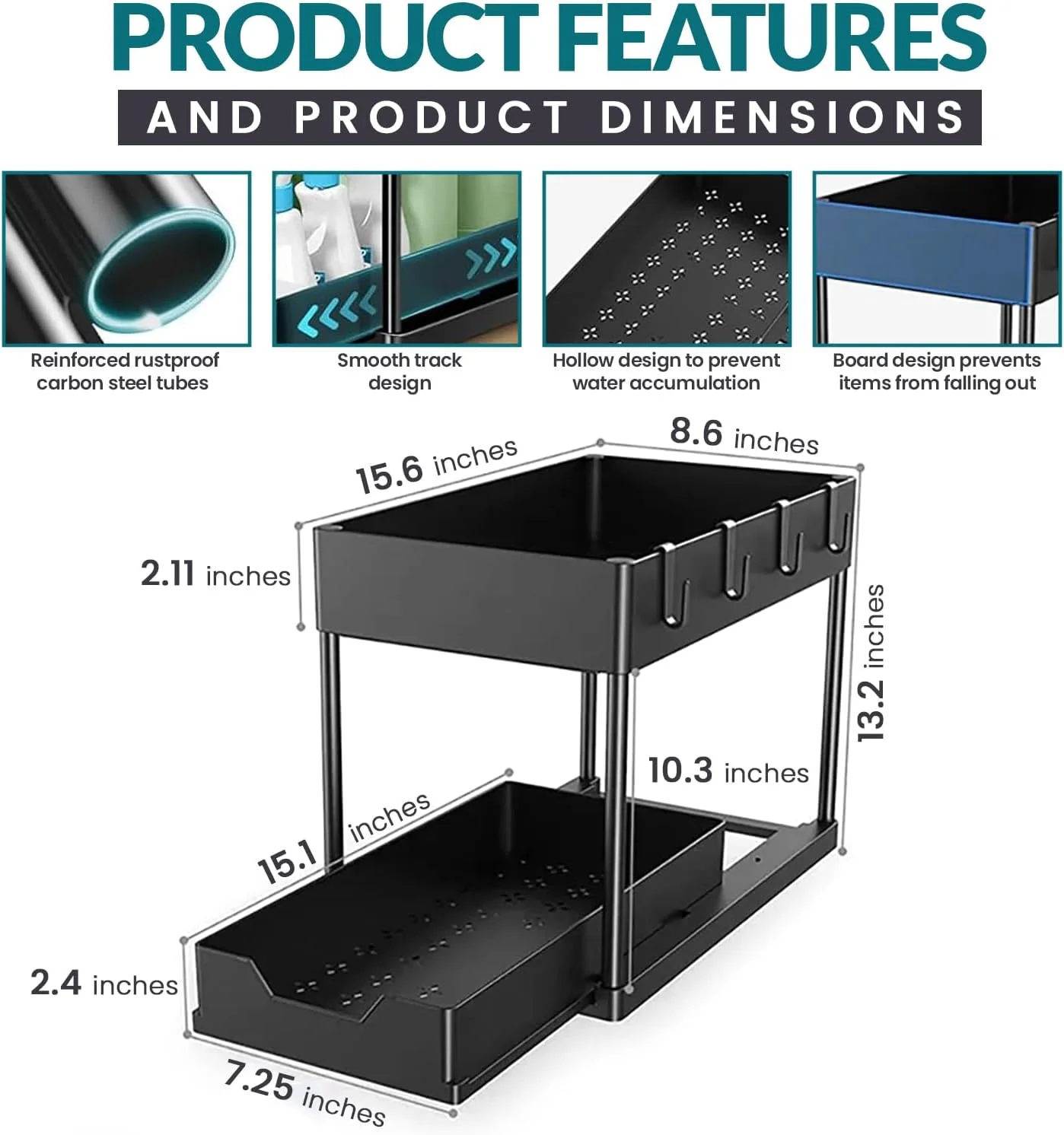 ارگانایزر زیر سینک، ارگانایزر کابینت حمام 2 طبقه با سبد کشویی، ارگانایزر و محل نگهداری چند منظوره زیر سینک برای آشپزخانه حمام (4 قلاب) ارگانایزر زیر سینک، ارگانایزر کابینت حمام 2 طبقه با سبد کشویی، ارگانایزر و محل نگهداری چند منظوره زیر سینک برای آشپزخانه حمام (4 قلاب)
