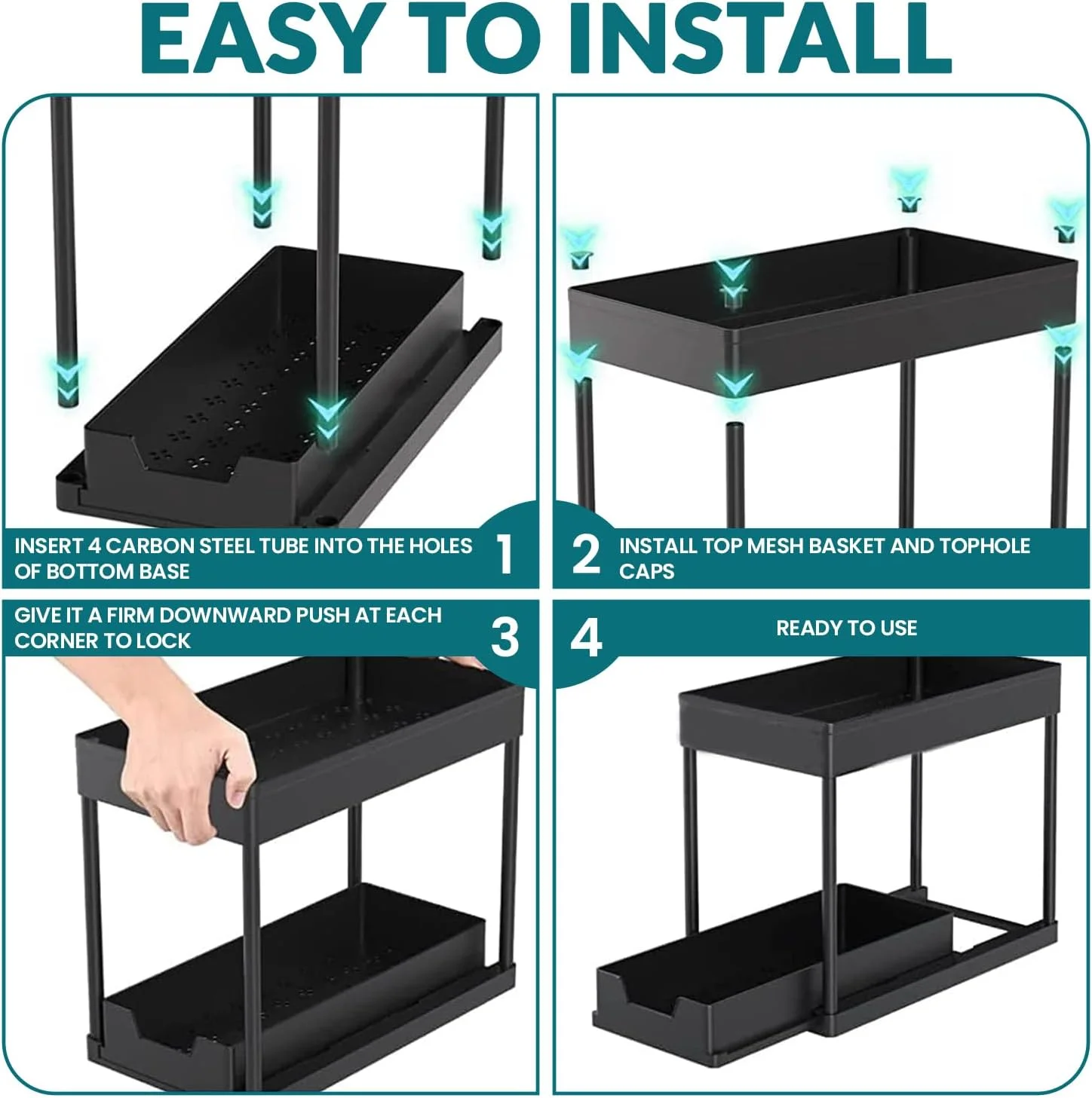 ارگانایزر زیر سینک، ارگانایزر کابینت حمام 2 طبقه با سبد کشویی، ارگانایزر و محل نگهداری چند منظوره زیر سینک برای آشپزخانه حمام (4 قلاب) ارگانایزر زیر سینک، ارگانایزر کابینت حمام 2 طبقه با سبد کشویی، ارگانایزر و محل نگهداری چند منظوره زیر سینک برای آشپزخانه حمام (4 قلاب)