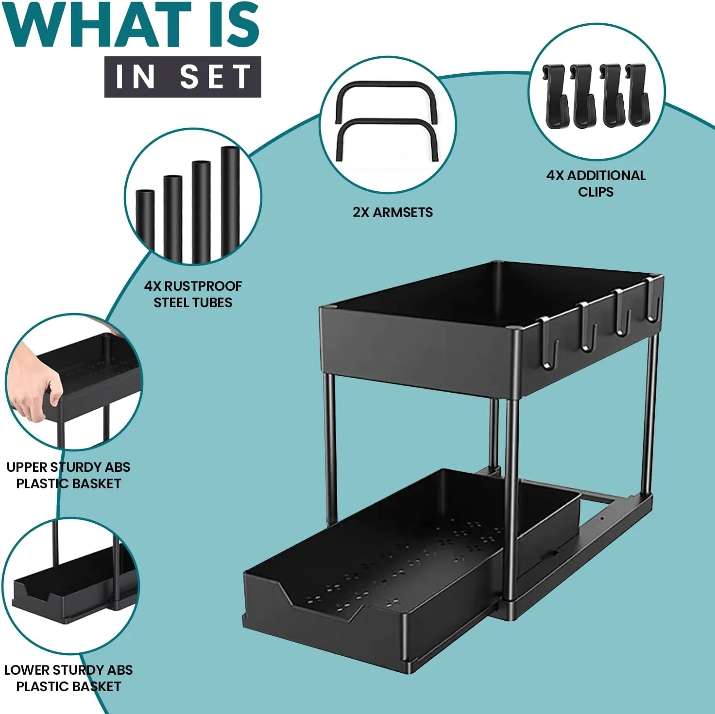 ارگانایزر زیر سینک، ارگانایزر کابینت حمام 2 طبقه با سبد کشویی، ارگانایزر و محل نگهداری چند منظوره زیر سینک برای آشپزخانه حمام (4 قلاب) ارگانایزر زیر سینک، ارگانایزر کابینت حمام 2 طبقه با سبد کشویی، ارگانایزر و محل نگهداری چند منظوره زیر سینک برای آشپزخانه حمام (4 قلاب)