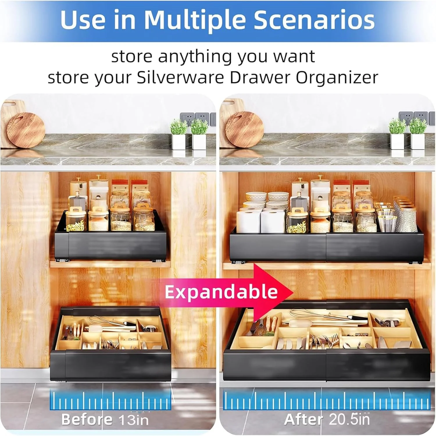 سازمان دهنده کابینت کشویی ANTOLE ثابت شده با نانو فیلم چسبی، قفسه های انباری کشویی قابل گسترش، سازمان دهنده ذخیره سازی آشپزخانه سنگین، قفسه انباری کشویی برای آشپزخانه (مشکی)