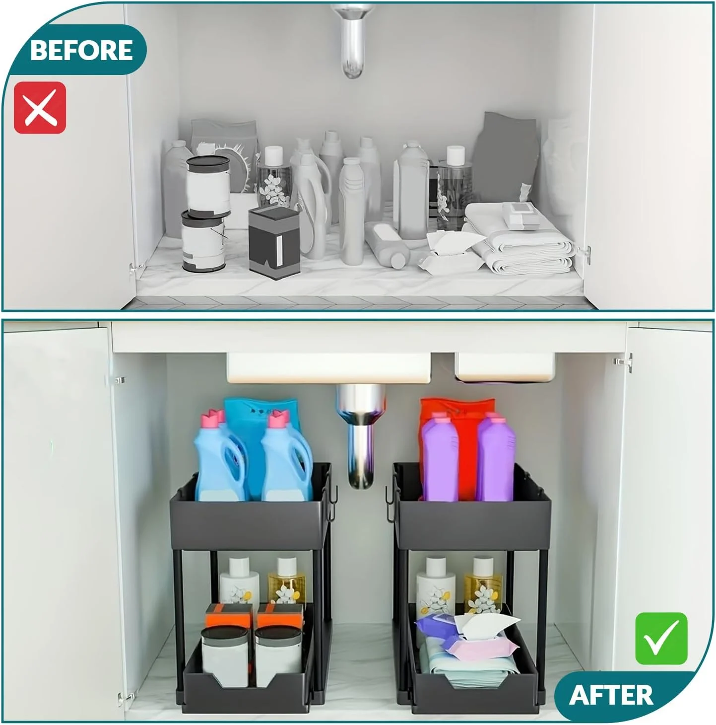 ارگانایزر زیر سینک، ارگانایزر کابینت حمام 2 طبقه با سبد کشویی، ارگانایزر و محل نگهداری چند منظوره زیر سینک برای آشپزخانه حمام (4 قلاب) ارگانایزر زیر سینک، ارگانایزر کابینت حمام 2 طبقه با سبد کشویی، ارگانایزر و محل نگهداری چند منظوره زیر سینک برای آشپزخانه حمام (4 قلاب)