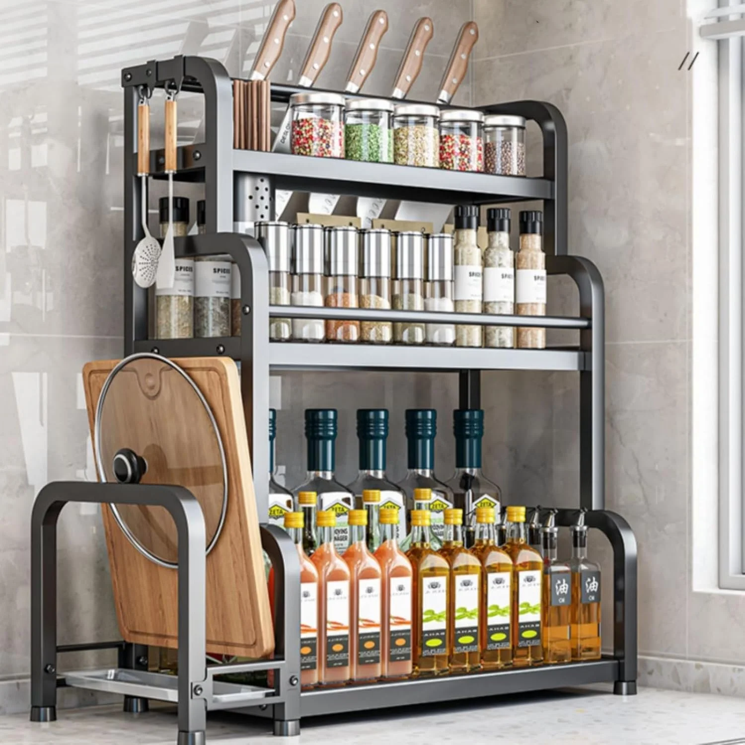 جا ادویه ای جورونب، 3 طبقه، فلزی، مناسب برای نگهداری ادویه روی کابینت، به همراه پد ضد لغزش، قاب نگهدارنده، 6 قلاب، جای چاقو، مناسب برای نگهداری چاشنی، قفسه ادویه، مناسب برای نگهداری در آشپزخانه جا ادویه ای جورونب، 3 طبقه، فلزی، مناسب برای نگهداری ادویه روی کابینت، به همراه پد ضد لغزش، قاب نگهدارنده، 6 قلاب، جای چاقو، مناسب برای نگهداری چاشنی، قفسه ادویه، مناسب برای نگهداری در آشپزخانه