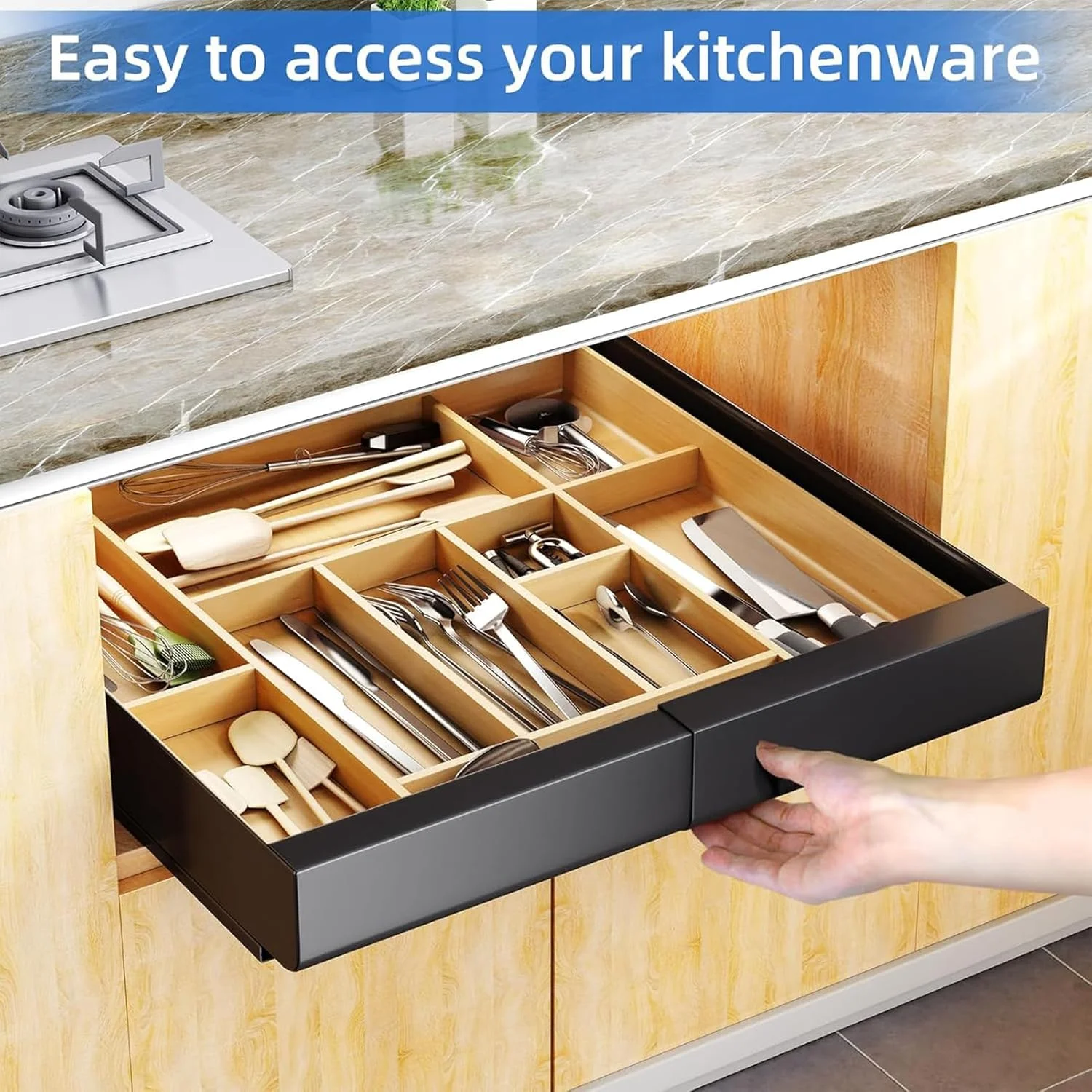 سازمان دهنده کابینت کشویی ANTOLE ثابت شده با نانو فیلم چسبی، قفسه های انباری کشویی قابل گسترش، سازمان دهنده ذخیره سازی آشپزخانه سنگین، قفسه انباری کشویی برای آشپزخانه (مشکی)