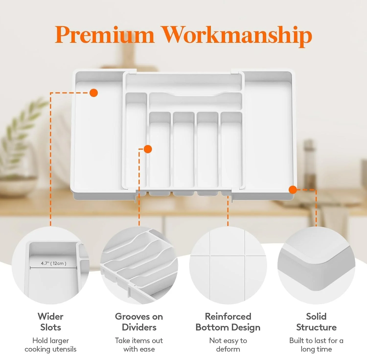 ارگانایزر لوازم آشپزخانه برای کشو، سینی لوازم پخت و پز قابل گسترش، نگهدارنده کارد و چنگال و قاشق قابل تنظیم، تقسیم کننده پلاستیکی برای نگهداری ابزار و وسایل آشپزخانه، بزرگ (سفید) ارگانایزر لوازم آشپزخانه برای کشو، سینی لوازم پخت و پز قابل گسترش، نگهدارنده کارد و چنگال و قاشق قابل تنظیم، تقسیم کننده پلاستیکی برای نگهداری ابزار و وسایل آشپزخانه، بزرگ (سفید)
