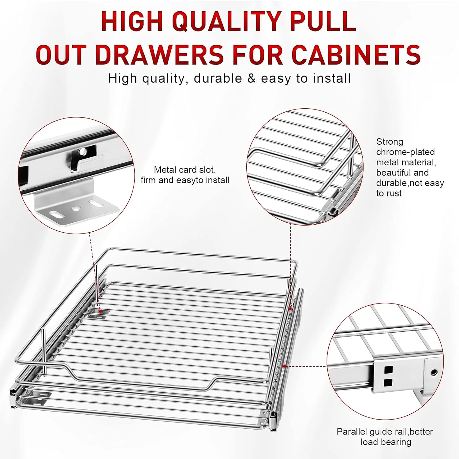 ارگانایزر کابینت کشویی Tksrn، قفسه های کشویی سنگین برای انبار آشپزخانه، حمام، خانه، 31.5 سانتی متر عرض × 42 سانتی متر عمق، قاب سیمی، روکش کروم