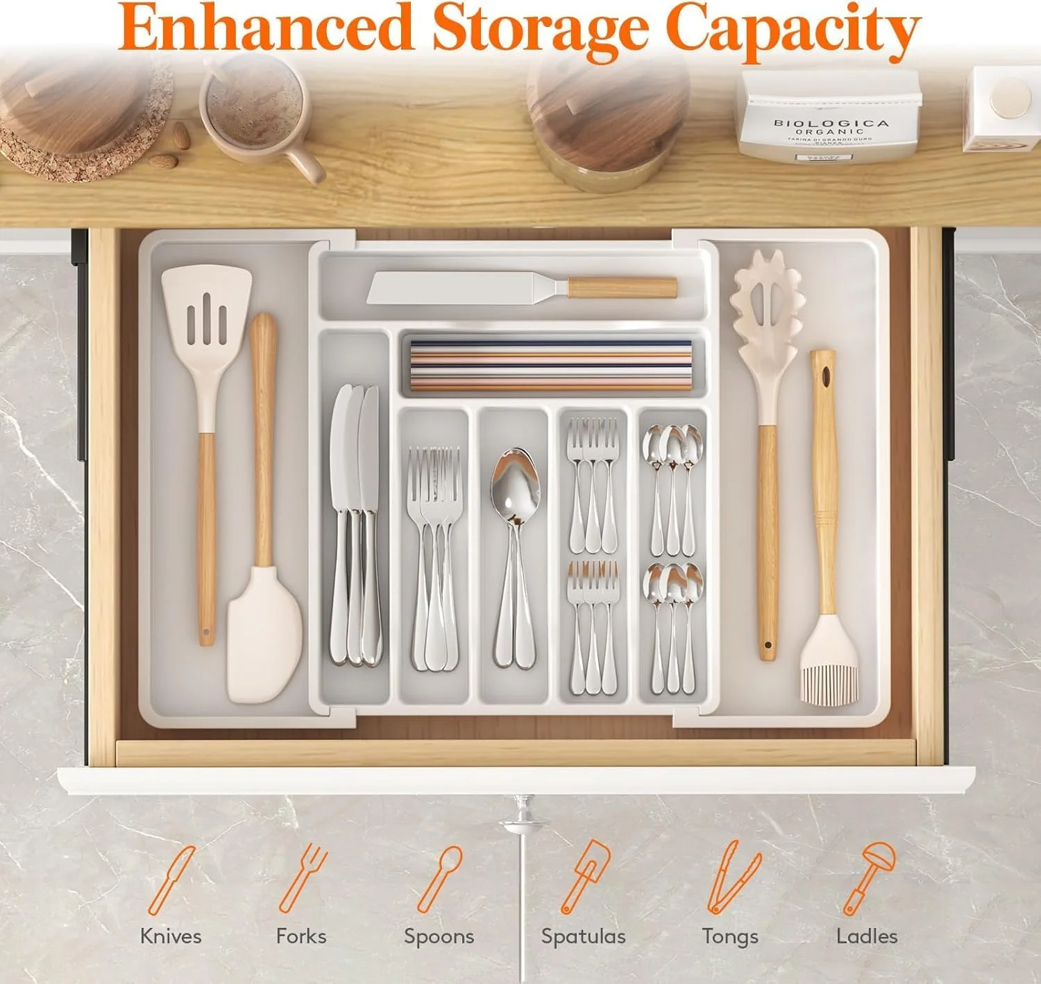 ارگانایزر لوازم آشپزخانه برای کشو، سینی لوازم پخت و پز قابل گسترش، نگهدارنده کارد و چنگال و قاشق قابل تنظیم، تقسیم کننده پلاستیکی برای نگهداری ابزار و وسایل آشپزخانه، بزرگ (سفید) ارگانایزر لوازم آشپزخانه برای کشو، سینی لوازم پخت و پز قابل گسترش، نگهدارنده کارد و چنگال و قاشق قابل تنظیم، تقسیم کننده پلاستیکی برای نگهداری ابزار و وسایل آشپزخانه، بزرگ (سفید)