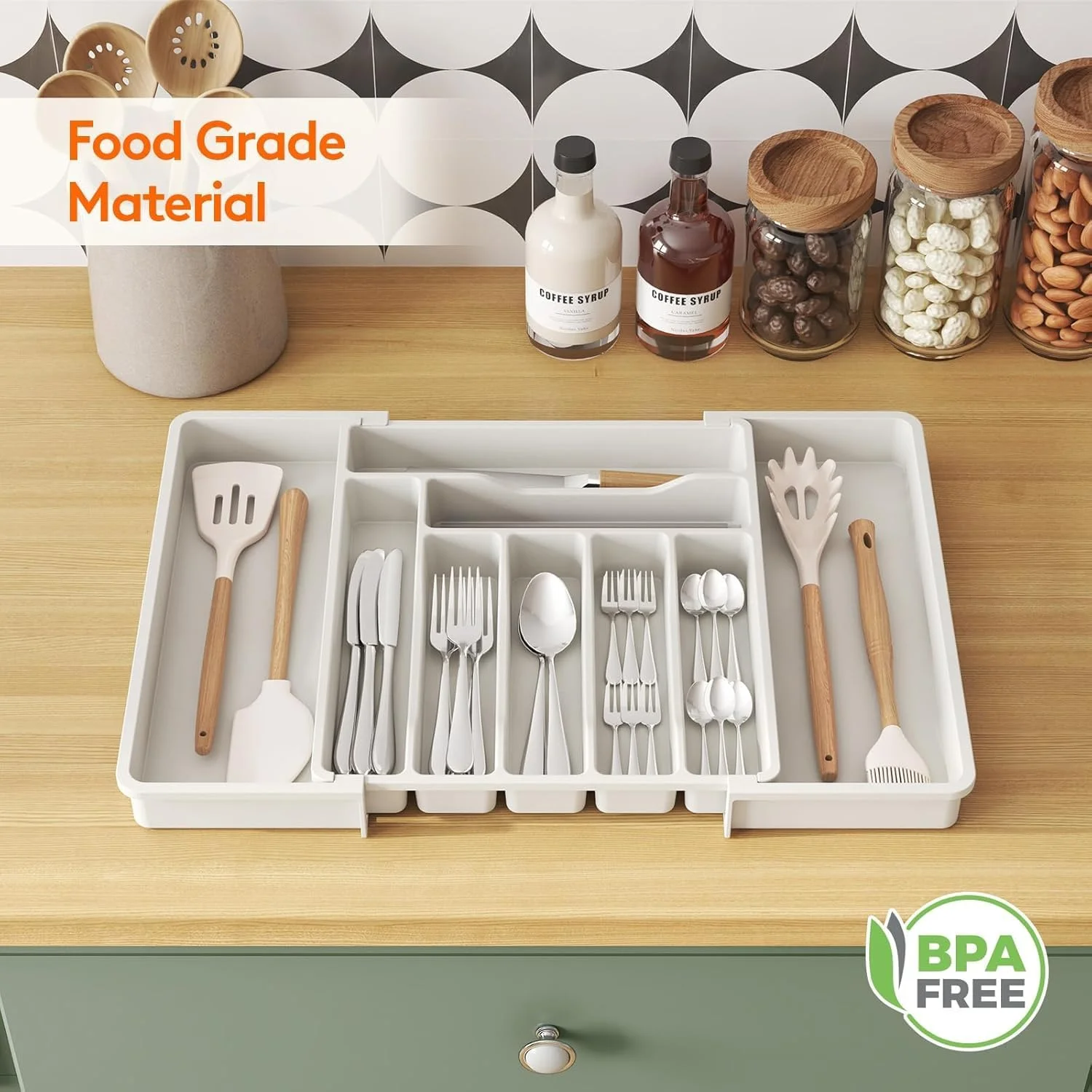 ارگانایزر لوازم آشپزخانه برای کشو، سینی لوازم پخت و پز قابل گسترش، نگهدارنده کارد و چنگال و قاشق قابل تنظیم، تقسیم کننده پلاستیکی برای نگهداری ابزار و وسایل آشپزخانه، بزرگ (سفید) ارگانایزر لوازم آشپزخانه برای کشو، سینی لوازم پخت و پز قابل گسترش، نگهدارنده کارد و چنگال و قاشق قابل تنظیم، تقسیم کننده پلاستیکی برای نگهداری ابزار و وسایل آشپزخانه، بزرگ (سفید)