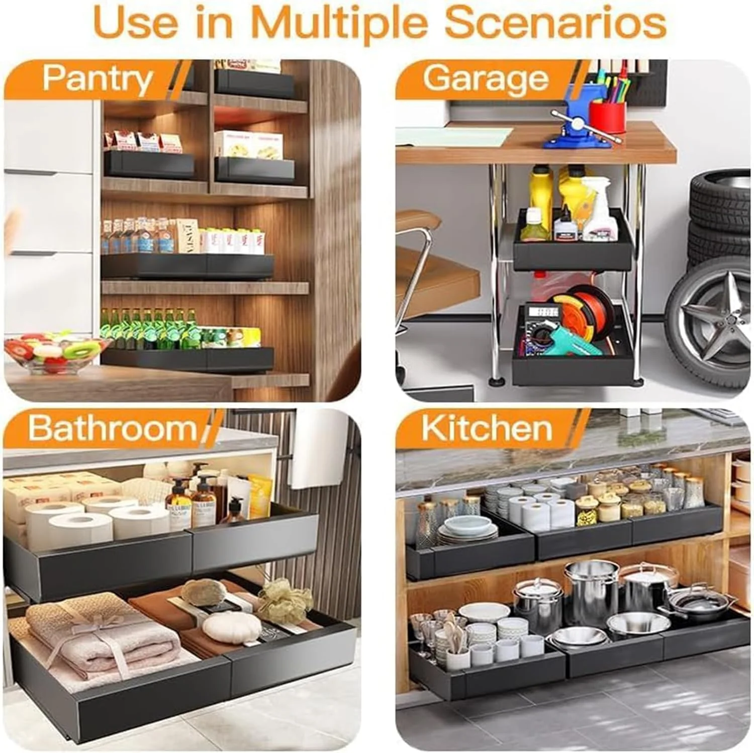 سازمان دهنده کابینت کشویی ANTOLE ثابت شده با نانو فیلم چسبی، قفسه های انباری کشویی قابل گسترش، سازمان دهنده ذخیره سازی آشپزخانه سنگین، قفسه انباری کشویی برای آشپزخانه (مشکی)