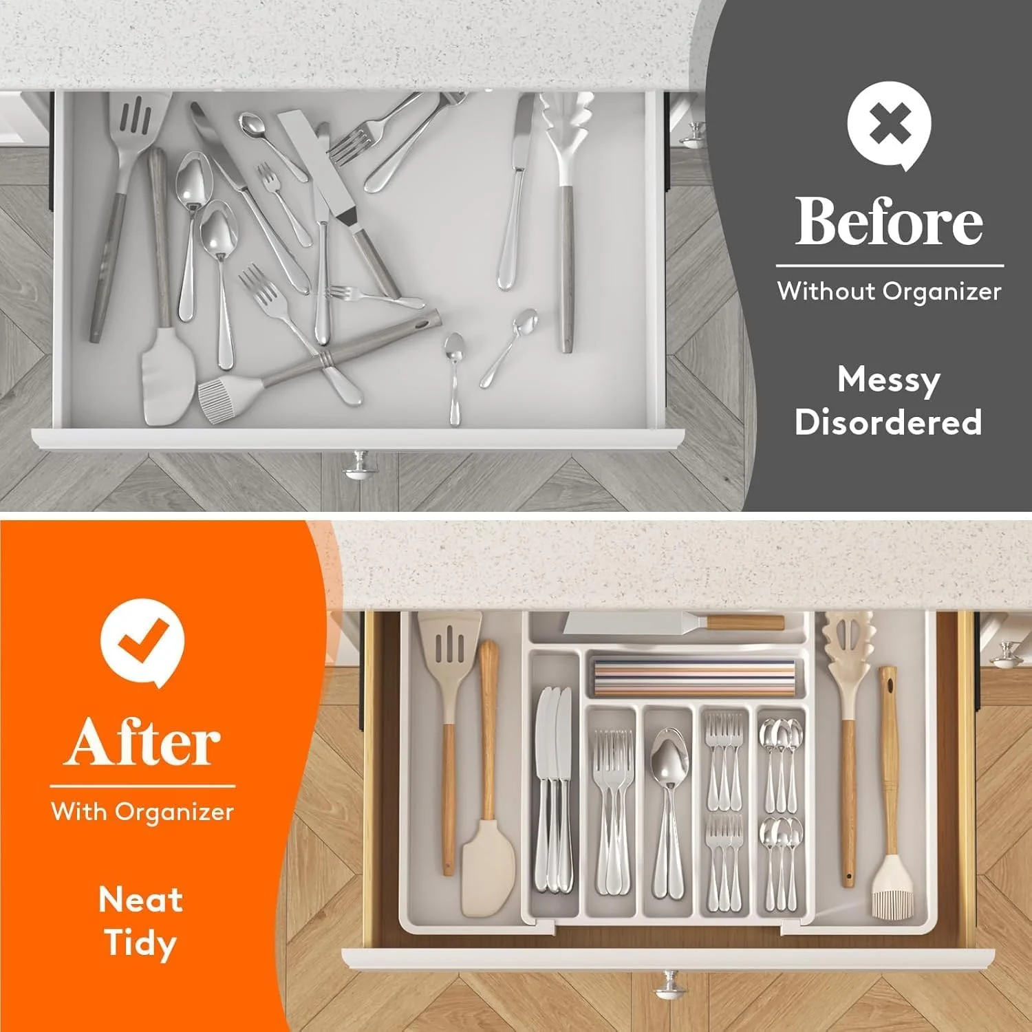 ارگانایزر لوازم آشپزخانه برای کشو، سینی لوازم پخت و پز قابل گسترش، نگهدارنده کارد و چنگال و قاشق قابل تنظیم، تقسیم کننده پلاستیکی برای نگهداری ابزار و وسایل آشپزخانه، بزرگ (سفید) ارگانایزر لوازم آشپزخانه برای کشو، سینی لوازم پخت و پز قابل گسترش، نگهدارنده کارد و چنگال و قاشق قابل تنظیم، تقسیم کننده پلاستیکی برای نگهداری ابزار و وسایل آشپزخانه، بزرگ (سفید)