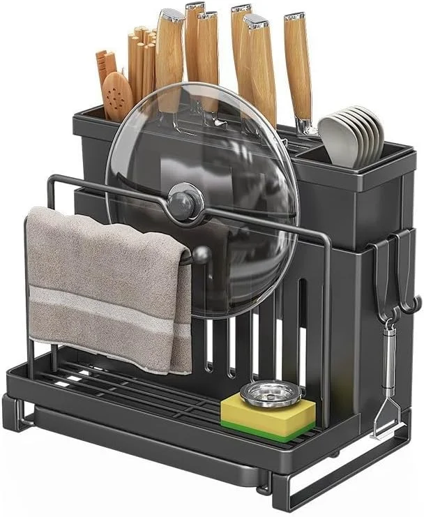 نگهدارنده بلوک چاقوی دیواری، قفسه نگهداری آشپزخانه فولاد کربنی با سینی تخلیه، شامل 2 نگهدارنده چاقو و چنگال و 4 قلاب. (مشکی)