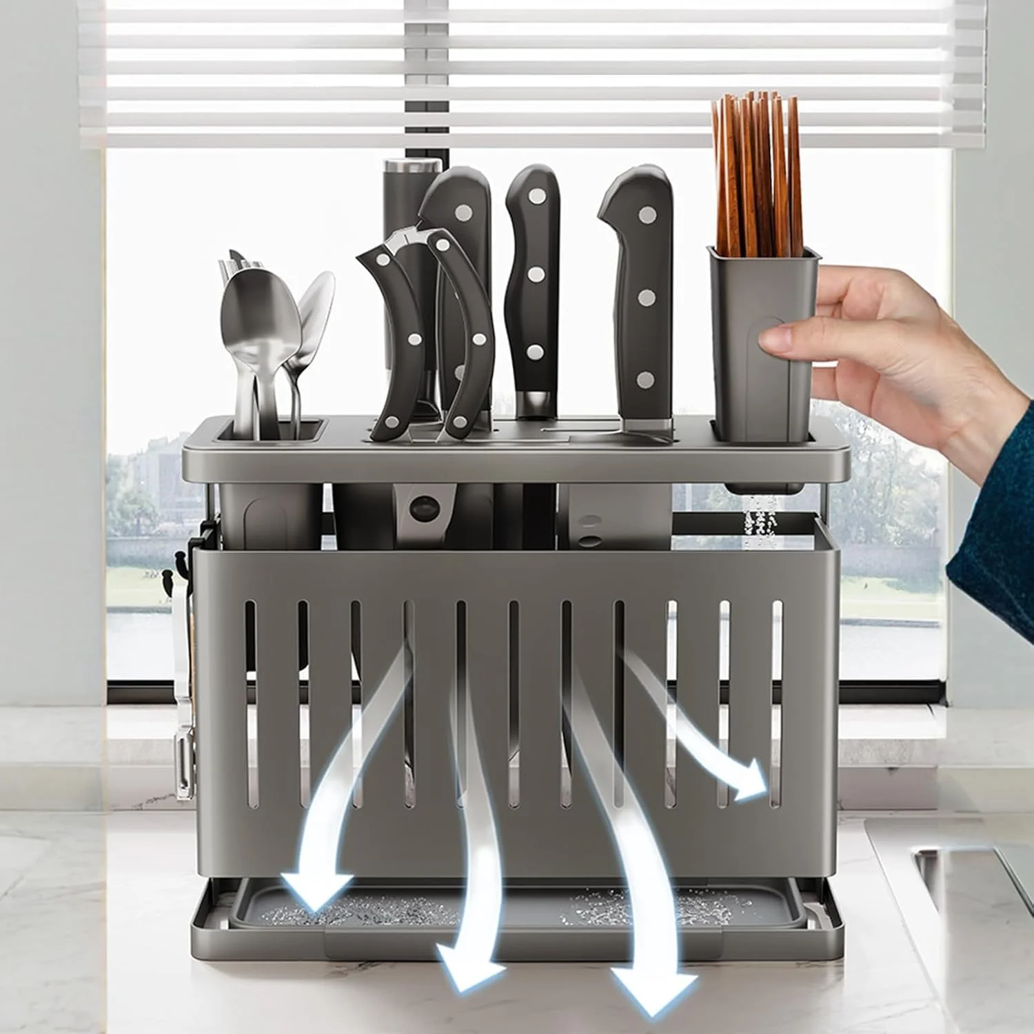 نگهدارنده بلوک چاقوی دیواری، قفسه نگهداری آشپزخانه فولاد کربنی با سینی تخلیه، شامل 2 نگهدارنده چاقو و چنگال و 4 قلاب. (مشکی)