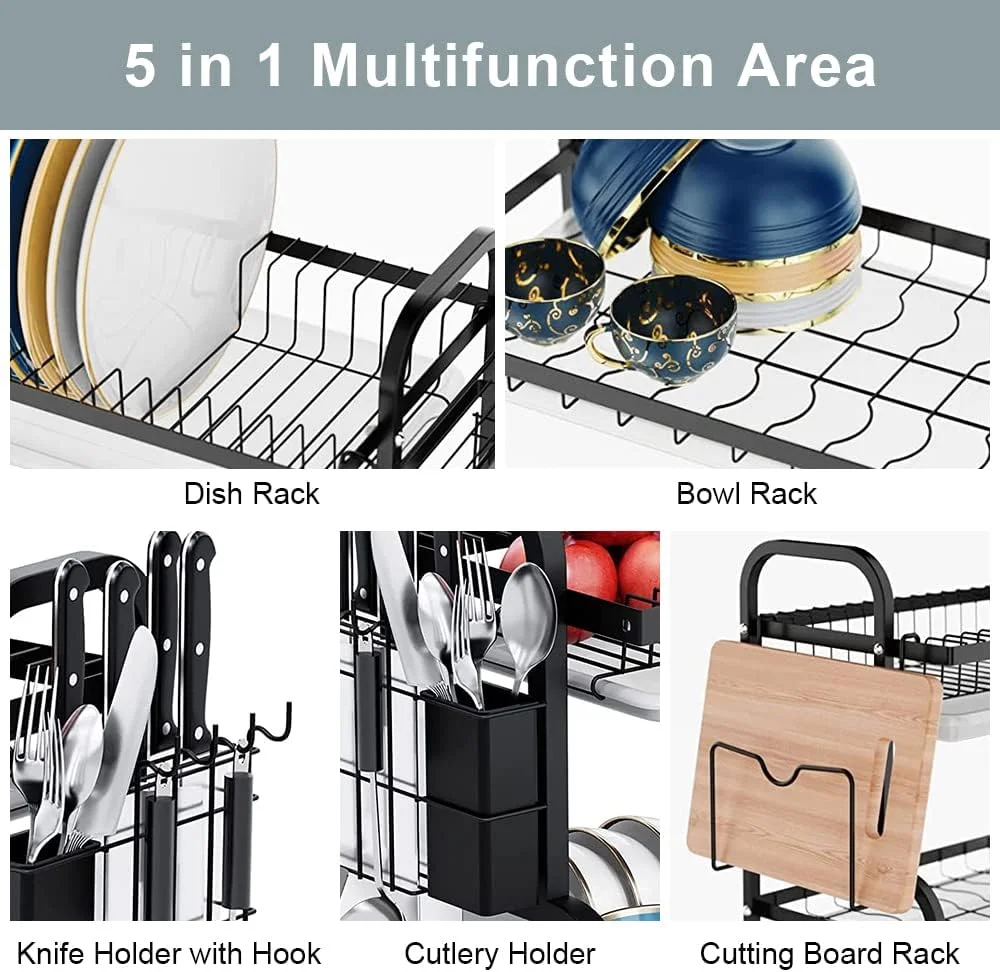آبچکان 2 طبقه نِتِل، آبگیر ظروف با عرض 56 سانتی متر، استند آبچکان کم جا برای آشپزخانه، ارگانایزر آشپزخانه با ظرفیت بزرگ به همراه سینی تخلیه آب، آبچکان بشقاب فولاد کربنی به همراه جا قاشقی