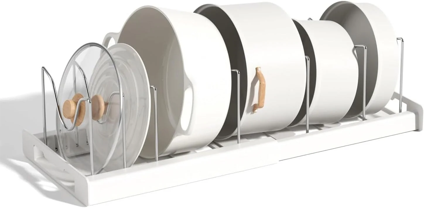 ارگانایزر قابلمه و تابه قابل گسترش WESTCH، دارای 7 جداکننده قابل تنظیم استیل ضد زنگ، برای کابینت آشپزخانه (سفید)