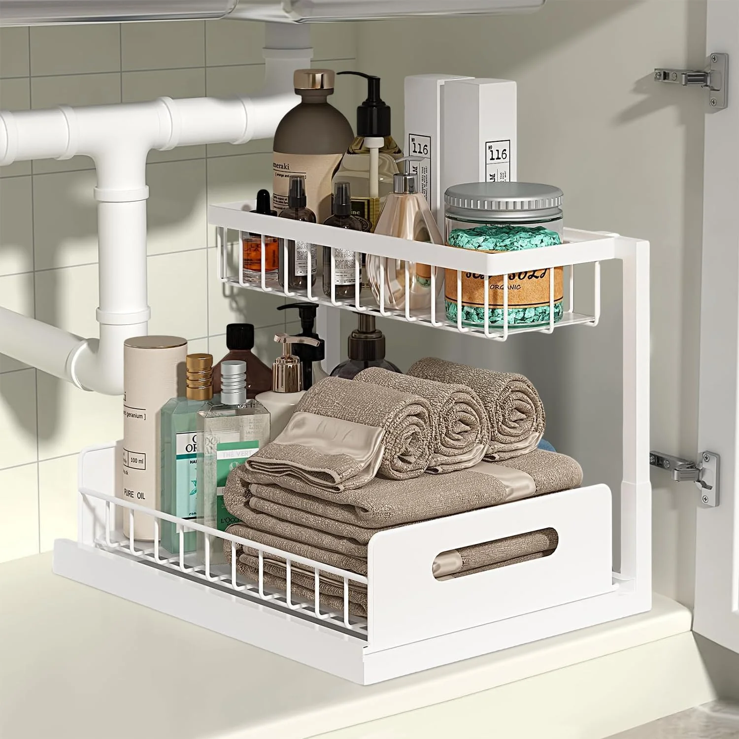 ارگانایزر زیر سینک Masroo، ارگانایزر کابینتی کشویی دو طبقه، قفسه های ذخیره سازی کابینت سینک کشویی، مناسب برای آشپزخانه و حمام، سفید