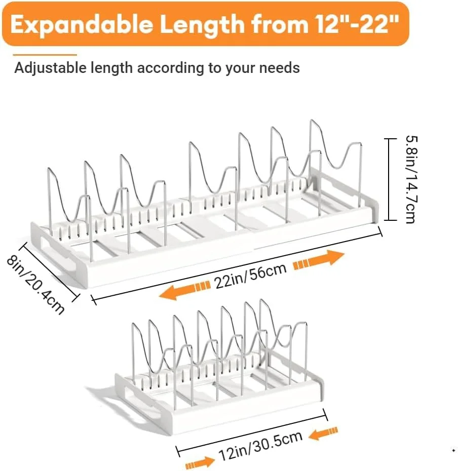 ارگانایزر قابلمه و تابه قابل گسترش WESTCH، دارای 7 جداکننده قابل تنظیم استیل ضد زنگ، برای کابینت آشپزخانه (سفید)