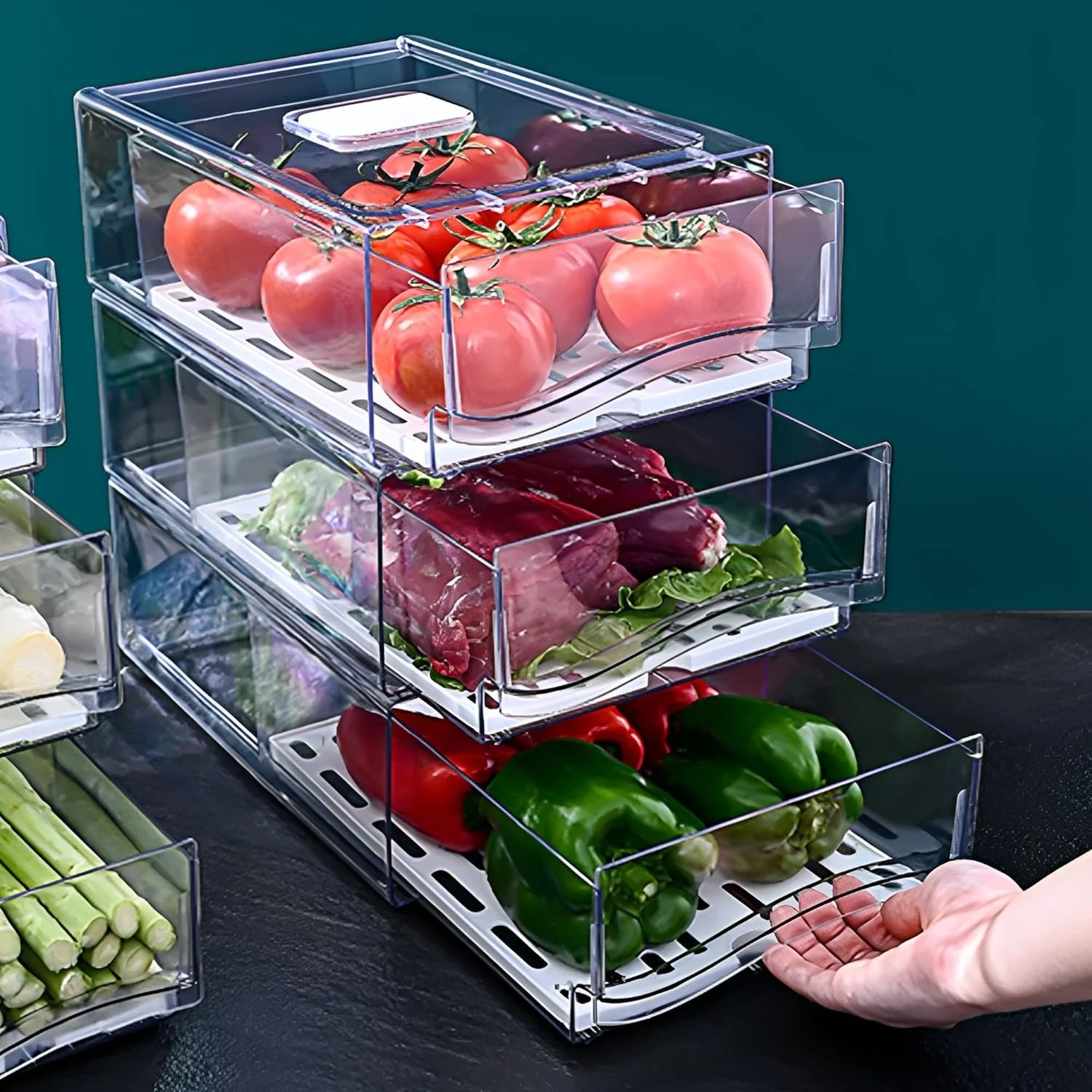 ارگانایزر یخچال Beauenty بسته 2 عددی، ارگانایزر شفاف و قابل چیدن یخچال با درب/سینی تخلیه و کشو، جعبه نگهداری مواد غذایی آشپزخانه برای غذا، نوشیدنی، سبزیجات، میوه ها