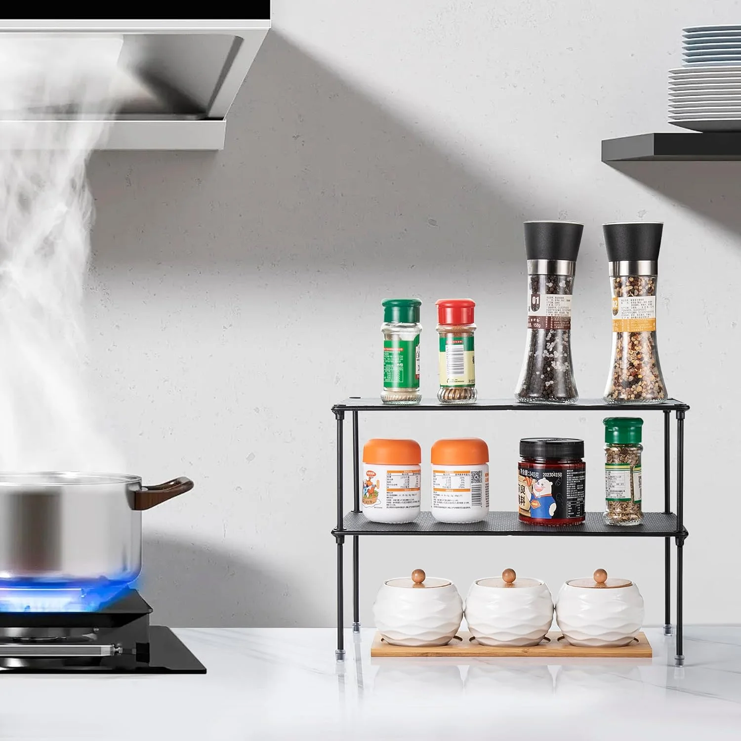 ارگانایزر قفسه کابینت آشپزخانه ASTOTSELL بسته 2 عددی، قفسه ذخیره سازی ارگانایزر کابینت قابل گسترش و چیدمان برای آشپزخانه، حمام، اتاق لباسشویی، ارگانایزر و ذخیره سازی کابینت