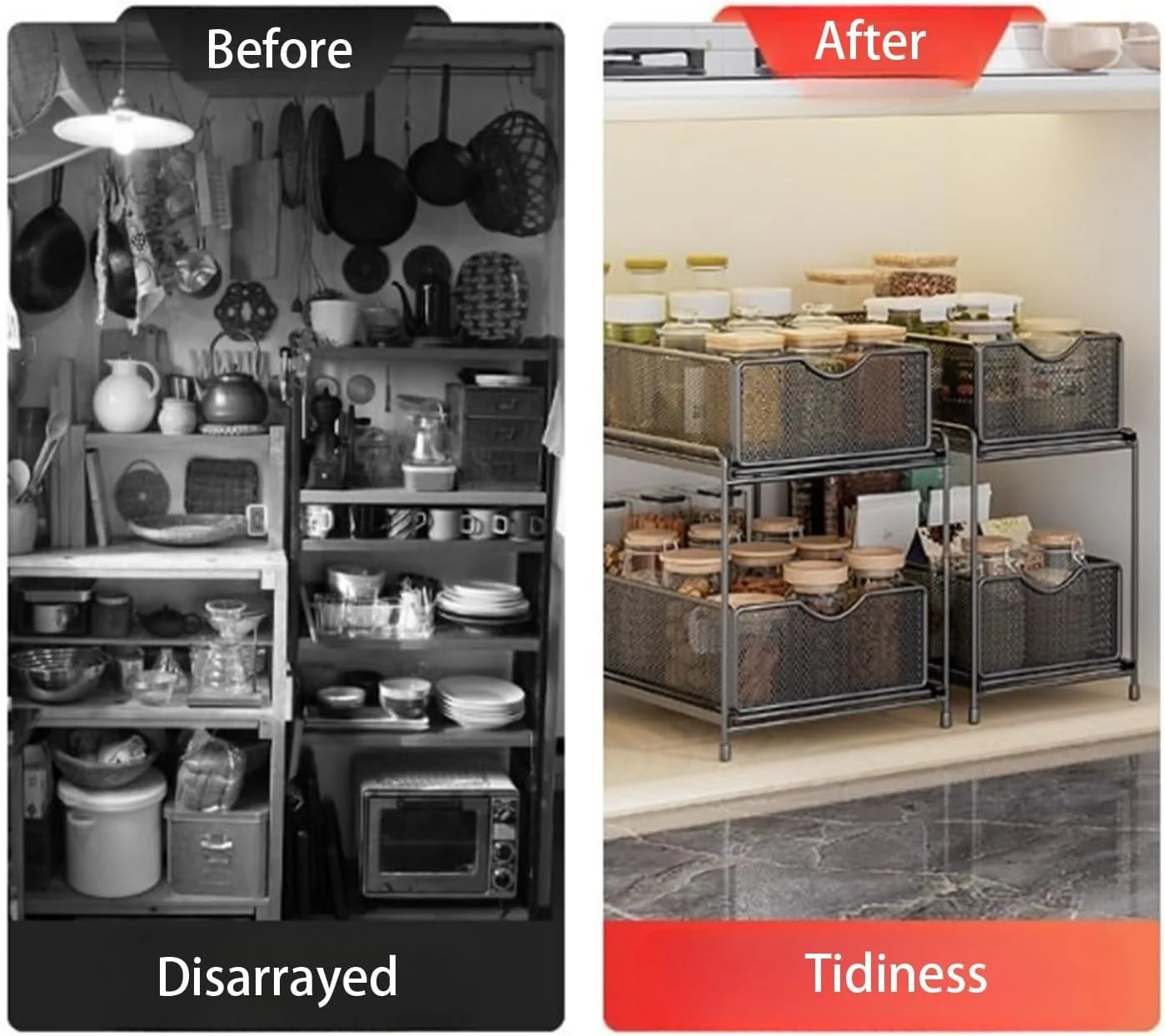 ارگانایزر دو طبقه فلزی زیر سینک THE WHITE SHOP برای حمام، آشپزخانه، دارای کشوهای کشویی توری فولادی قوی برای زیر سینک، زیر کابینت، کمد، آشپزخانه، انبار، ارگانایزر و نگهداری حمام (مشکی)