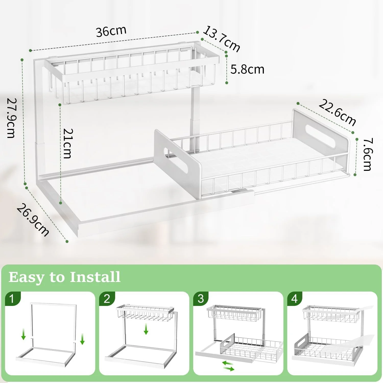 ارگانایزر زیر سینک Masroo، ارگانایزر کابینتی کشویی دو طبقه، قفسه های ذخیره سازی کابینت سینک کشویی، مناسب برای آشپزخانه و حمام، سفید