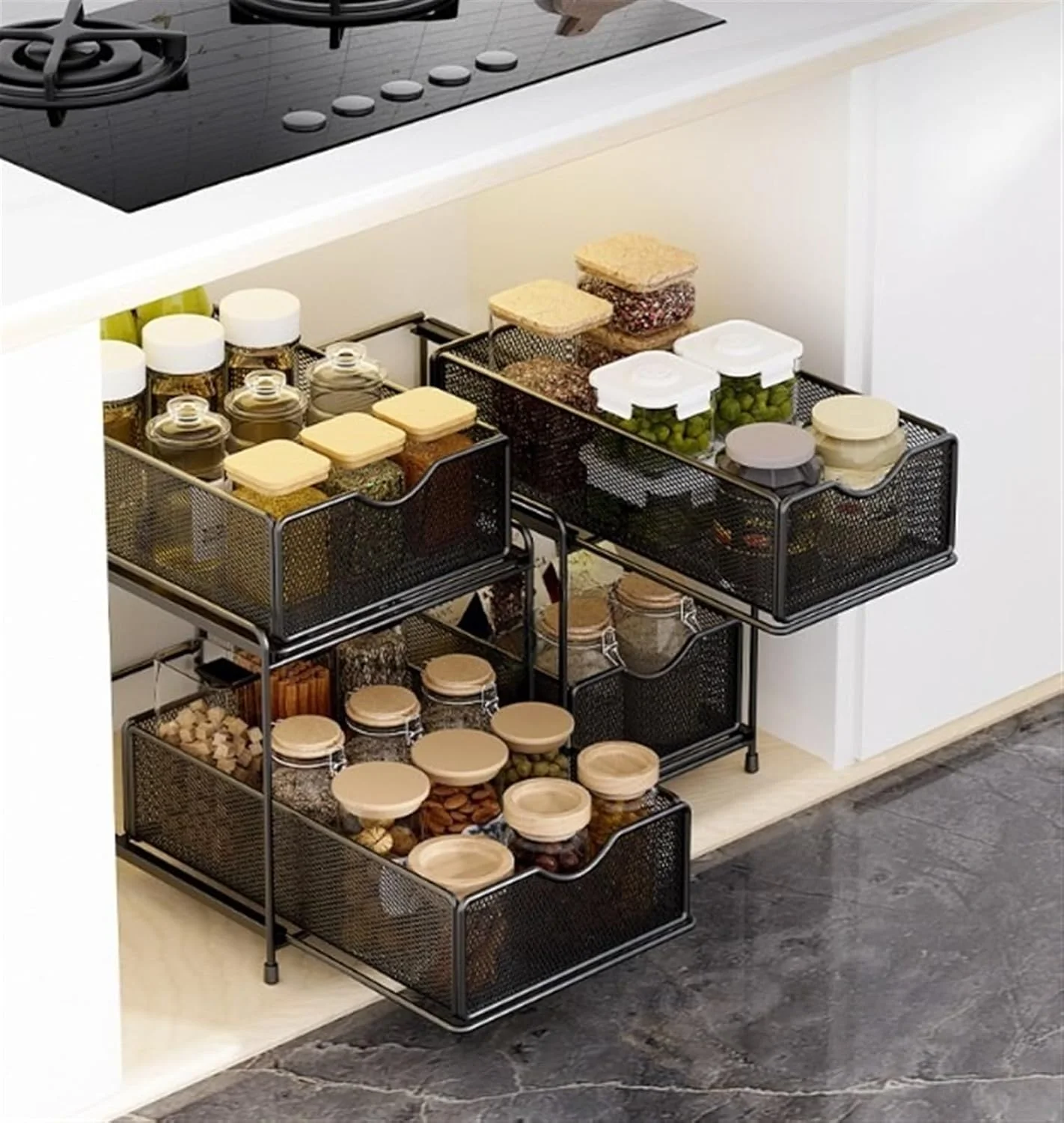 ارگانایزر دو طبقه فلزی زیر سینک THE WHITE SHOP برای حمام، آشپزخانه، دارای کشوهای کشویی توری فولادی قوی برای زیر سینک، زیر کابینت، کمد، آشپزخانه، انبار، ارگانایزر و نگهداری حمام (مشکی)