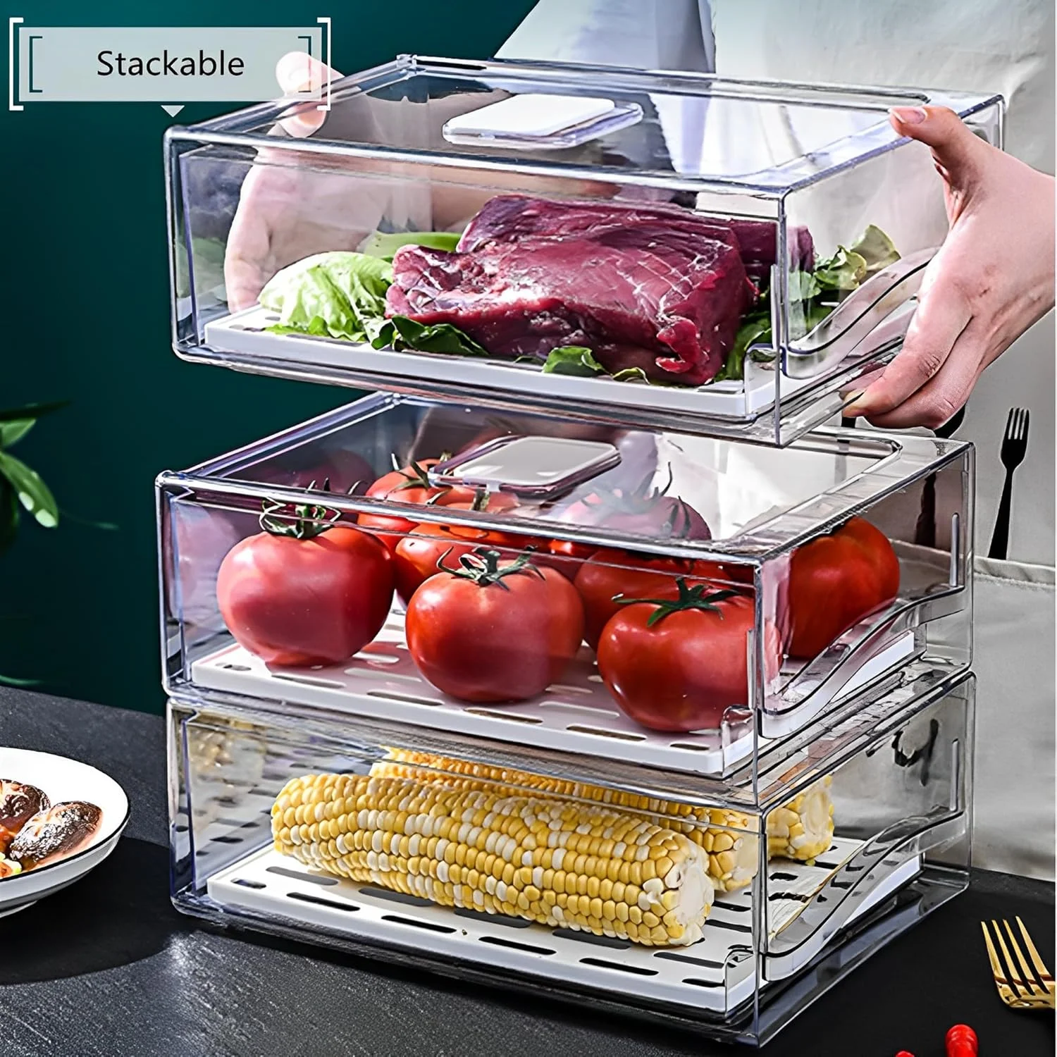 ارگانایزر یخچال Beauenty بسته 2 عددی، ارگانایزر شفاف و قابل چیدن یخچال با درب/سینی تخلیه و کشو، جعبه نگهداری مواد غذایی آشپزخانه برای غذا، نوشیدنی، سبزیجات، میوه ها