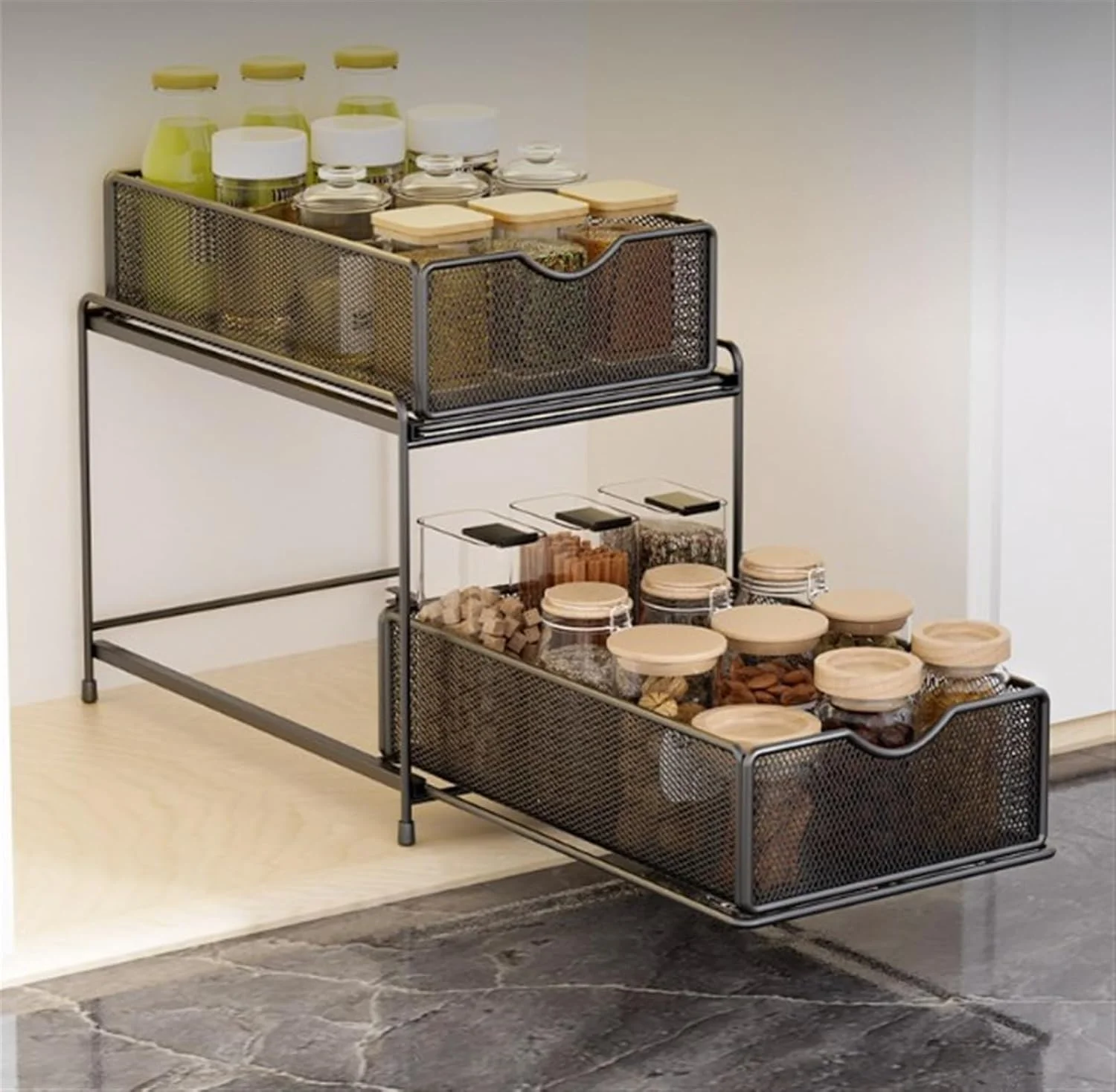 ارگانایزر دو طبقه فلزی زیر سینک THE WHITE SHOP برای حمام، آشپزخانه، دارای کشوهای کشویی توری فولادی قوی برای زیر سینک، زیر کابینت، کمد، آشپزخانه، انبار، ارگانایزر و نگهداری حمام (مشکی)