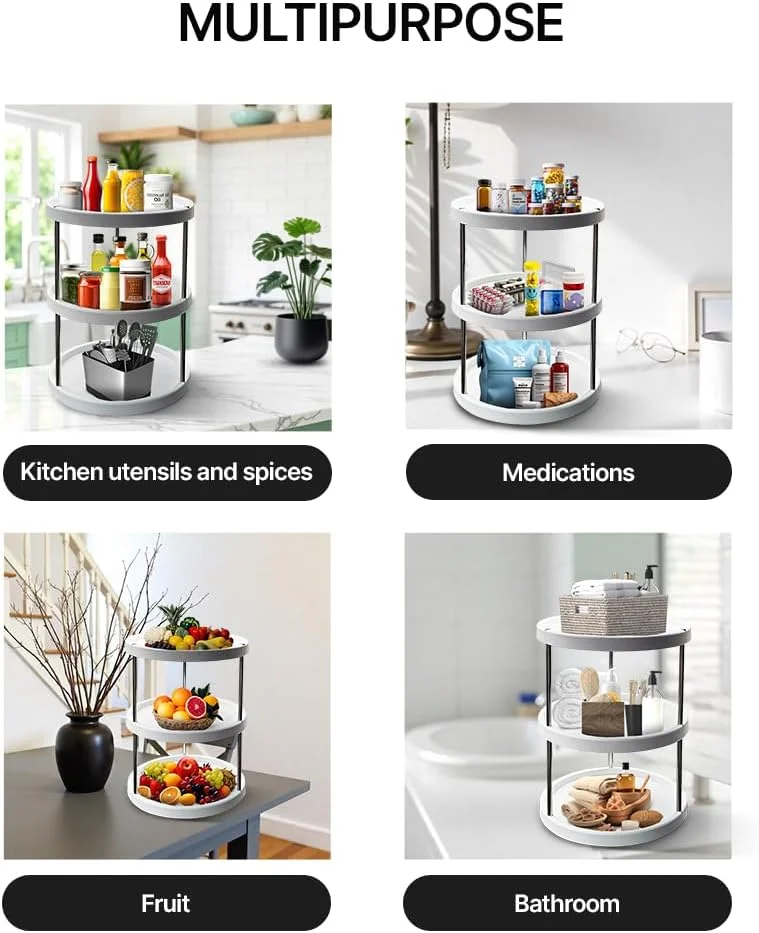 SILVIX | ارگنایزر تنبل سوزان، قفسه ادویه چرخان، ارگنایزر چرخان 3 طبقه، جا ادویه گردان صنعتی، جمع و جور و چند منظوره، برای روی میز آشپزخانه و کابینت