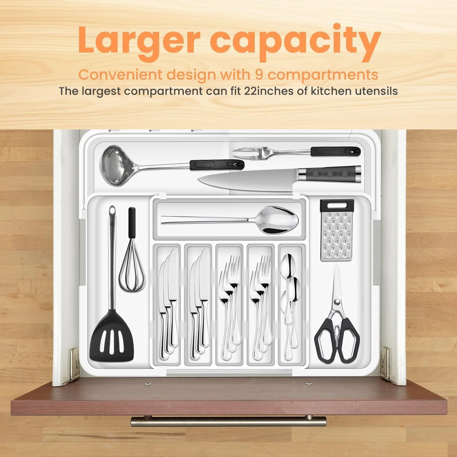 نکومی ارگنایزر بزرگتر کشو کارد و چنگال با 9 محفظه، ارگنایزر کشو آشپزخانه قابل گسترش 3 طرفه، ارگنایزر غیر لغزنده کشو لوازم، ارگنایزر بزرگ کشو برای قاشق، چنگال و چاقو (سفید) نکومی ارگنایزر بزرگتر کشو کارد و چنگال با 9 محفظه، ارگنایزر کشو آشپزخانه قابل گسترش 3 طرفه، ارگنایزر غیر لغزنده کشو لوازم، ارگنایزر بزرگ کشو برای قاشق، چنگال و چاقو (سفید)