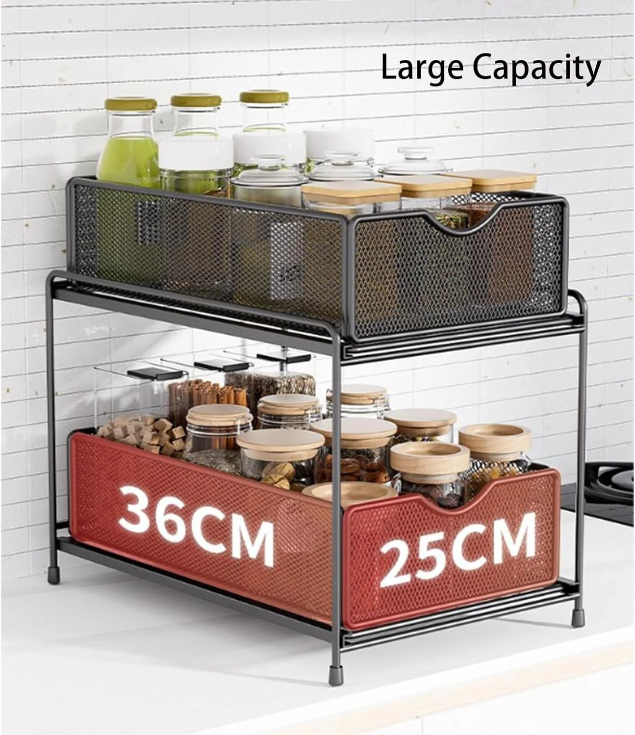 ارگانایزر دو طبقه فلزی زیر سینک THE WHITE SHOP برای حمام، آشپزخانه، دارای کشوهای کشویی توری فولادی قوی برای زیر سینک، زیر کابینت، کمد، آشپزخانه، انبار، ارگانایزر و نگهداری حمام (مشکی)