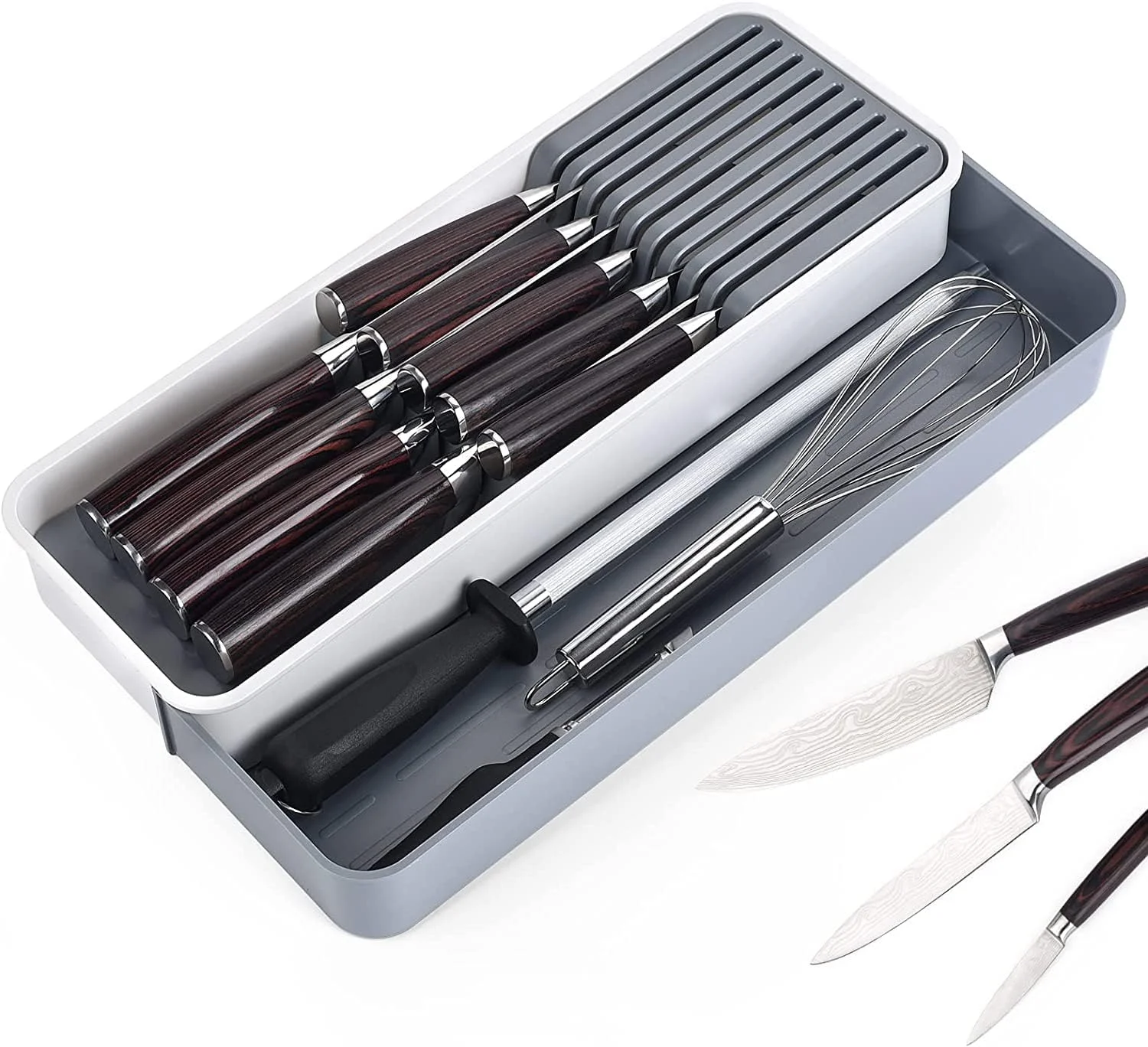 Excefore Expandable Kitchen Drawer Organizer, Compact Cutlery Storage With Adjustable Tray for Knife Block, Insert-Holds 9 Knives and Other Kitchen Gadgets Excefore Expandable Kitchen Drawer Organizer, Compact Cutlery Storage With Adjustable Tray for Knife Block, Insert-Holds 9 Knives and Other Kitchen Gadgets
