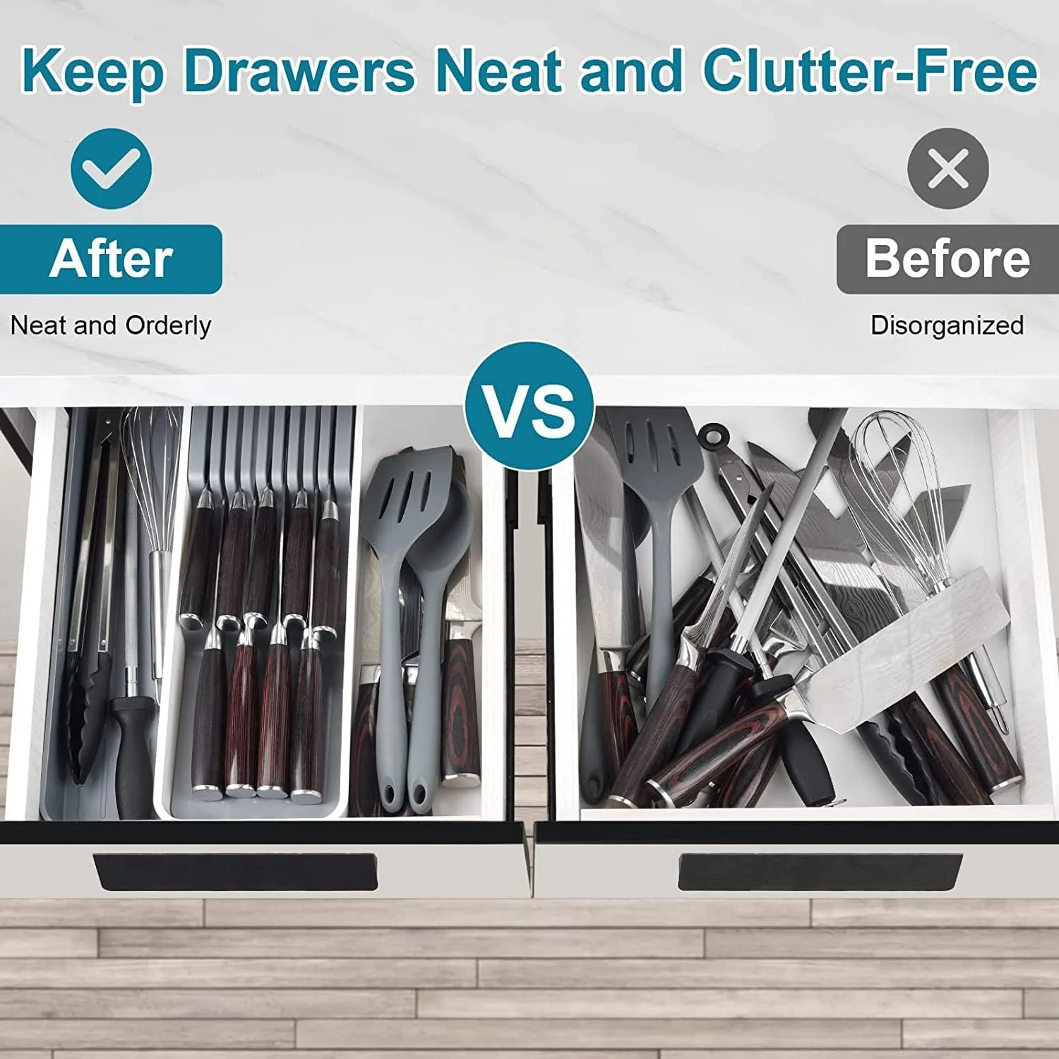 Excefore Expandable Kitchen Drawer Organizer, Compact Cutlery Storage With Adjustable Tray for Knife Block, Insert-Holds 9 Knives and Other Kitchen Gadgets Excefore Expandable Kitchen Drawer Organizer, Compact Cutlery Storage With Adjustable Tray for Knife Block, Insert-Holds 9 Knives and Other Kitchen Gadgets