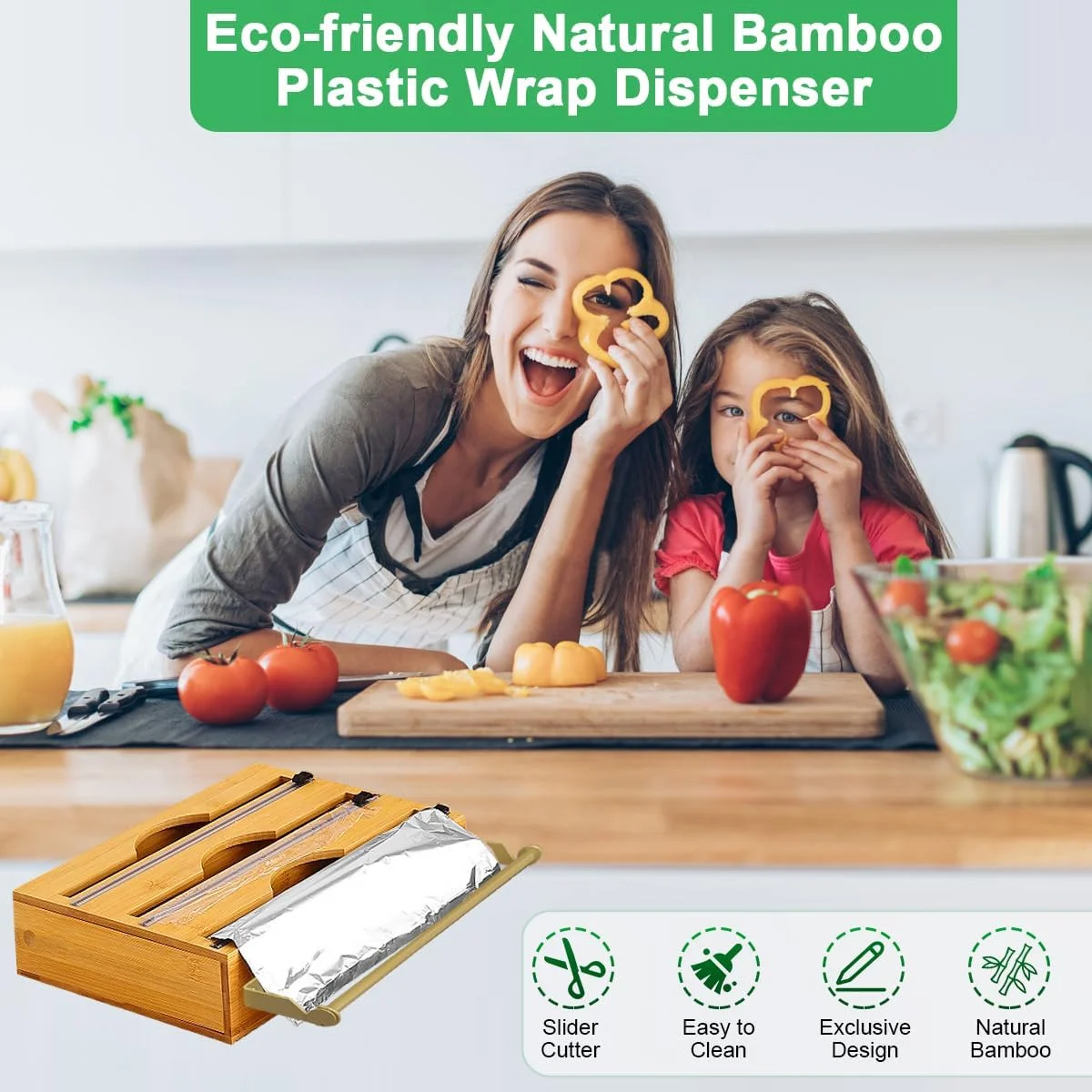 نگهدارنده روکش پلاستیکی Cestbella، سازمان دهنده فویل آلومینیومی بامبو 4 در 1 با برش کشویی و برچسب، نصب دیواری کاغذ روغنی، کاغذ مومی، نگهدارنده فیلم استرچ برای کشوی آشپزخانه، مناسب برای رول 13 سانتی متری