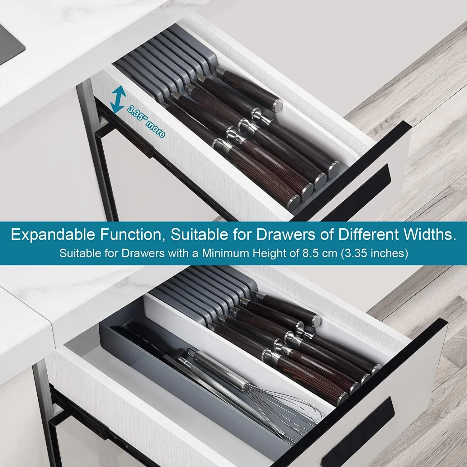 Excefore Expandable Kitchen Drawer Organizer, Compact Cutlery Storage With Adjustable Tray for Knife Block, Insert-Holds 9 Knives and Other Kitchen Gadgets Excefore Expandable Kitchen Drawer Organizer, Compact Cutlery Storage With Adjustable Tray for Knife Block, Insert-Holds 9 Knives and Other Kitchen Gadgets